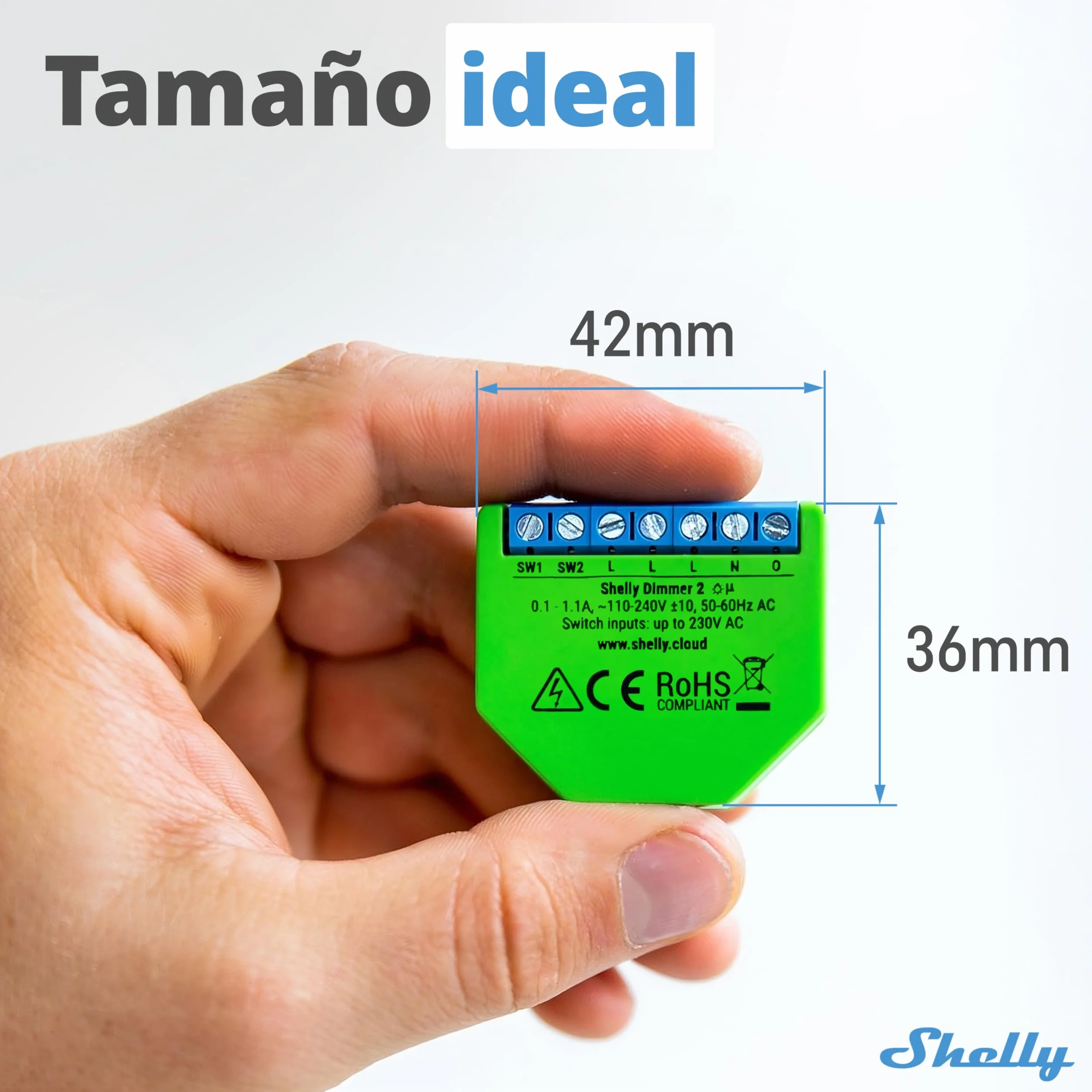 Shelly Dimmer 2, Módulo Regulador de Luz W-Fi, Atenuador Inalámbrico, No necesita neutro, LED 10-220W, incandescentes/Halógenas 1-220W Compatible con Alexa & Google Home, iOS Android App
