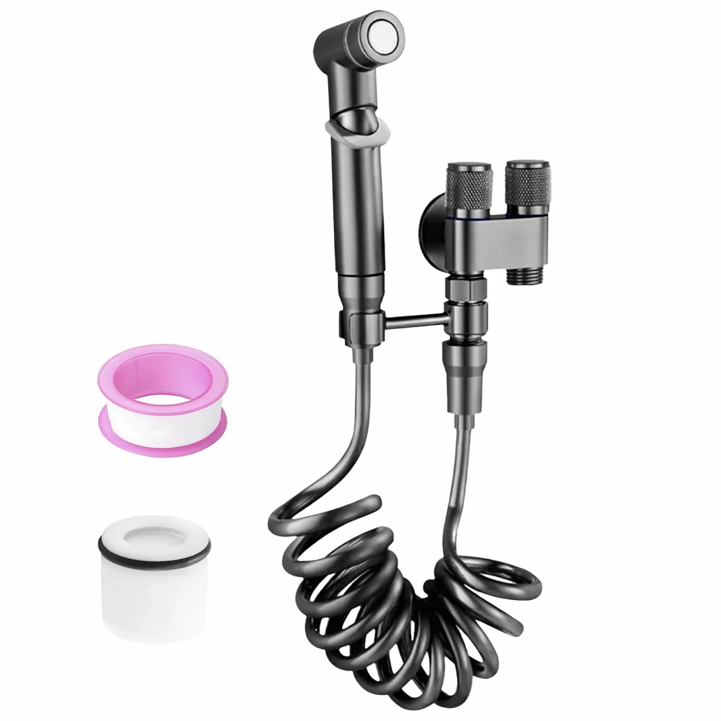 Ducha Higienica para WC, Una Entrada y Dos Salidas, Salidas Dobles e Interruptores Dobles, Soporte Giratorio de 360°, Grifo Water con Manguera de 1,4 m, Adecuado para Baños y Aseos (negro)