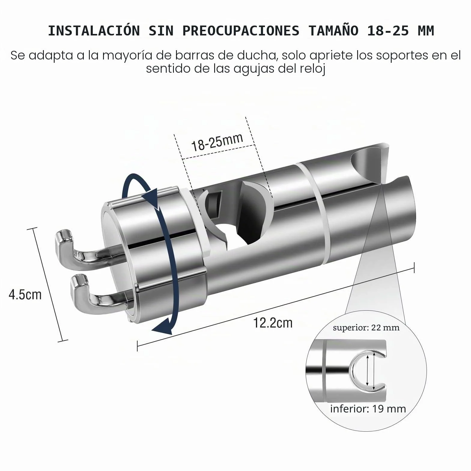 Vinabo Universal Soporte Ducha con 2 Ganchos, Soporte de Ducha, sin perforación, 18-25 mm, diámetro Ajustable, Espaciador Integrado para Proteger la Barra de Ducha