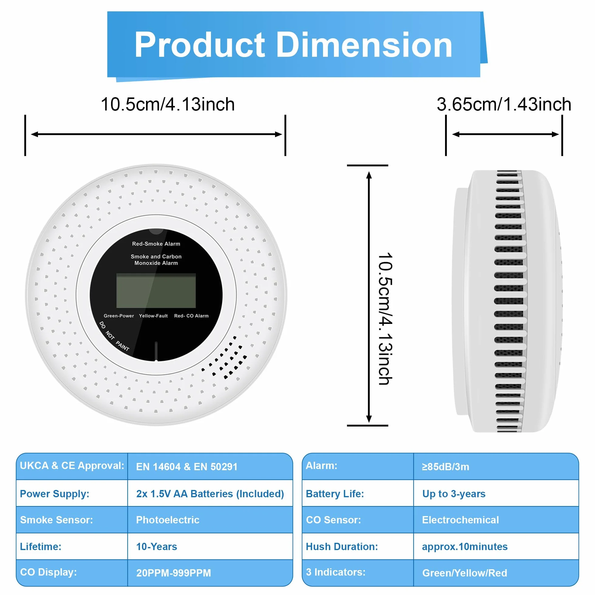 Detector Combinado de Humo y CO, Detector de Humo de Monóxido de Carbono Independiente, Alarma de Humo con Batería AA Reemplazable, Alarma de Humo y CO, Botón de Prueba, 1 Pieza