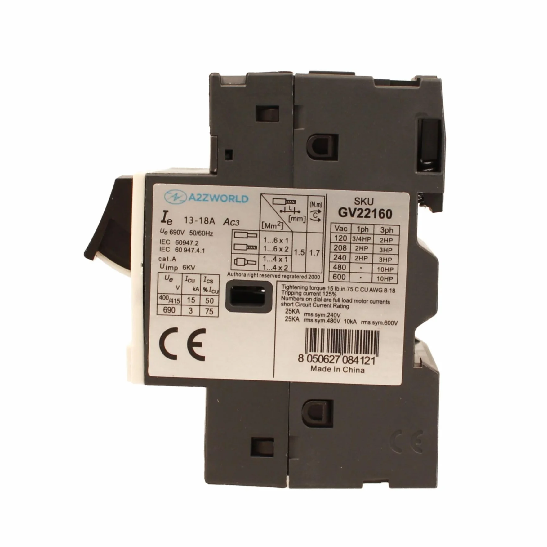 Salvamotor térmico 3P tripolar para protección del motor, ajustable 10-16 A 5,5 kW, interruptor térmico motor 2,5 módulos DIN, 690 V CA para monofásico y trifásico