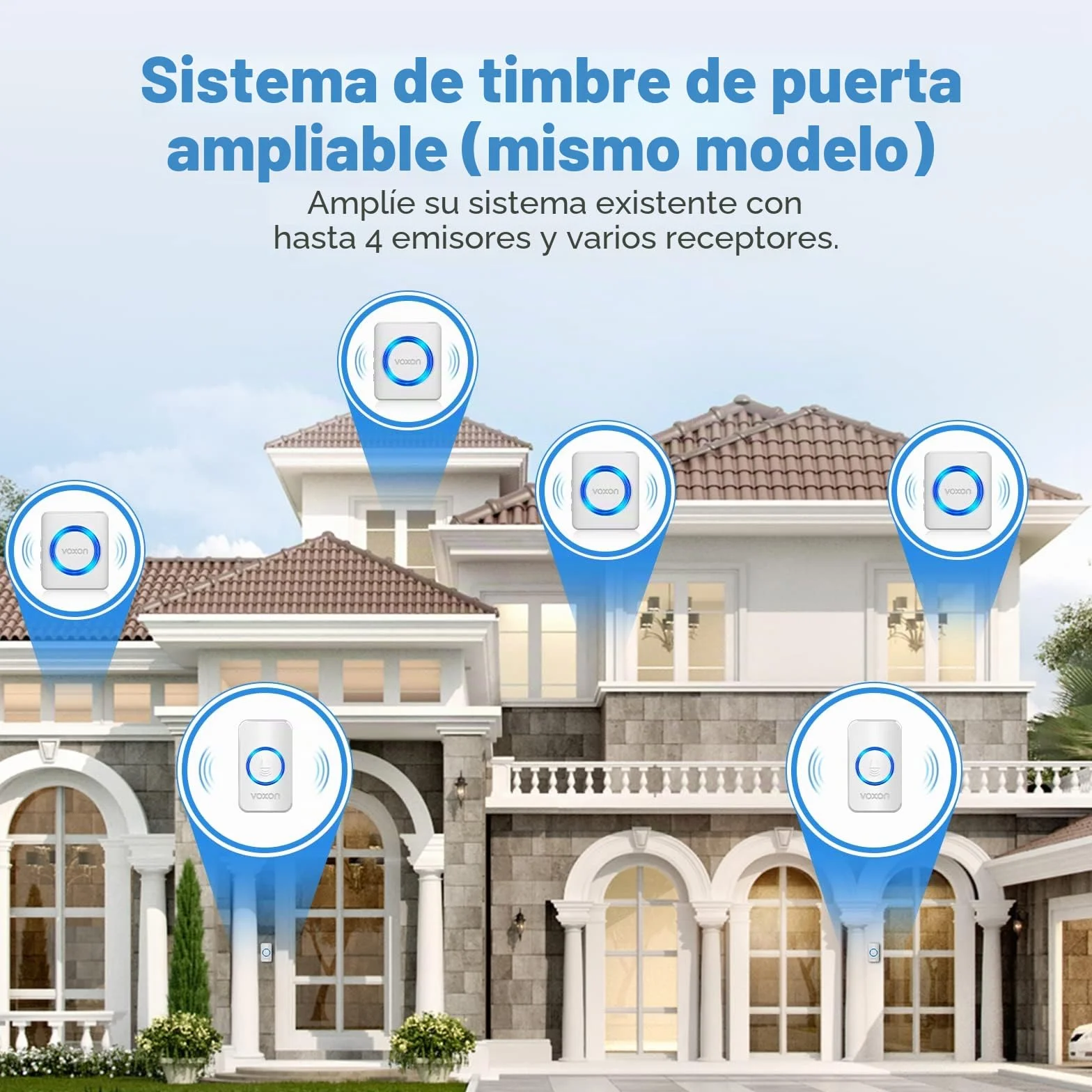 VOXON Timbre Inalámbrico, Alcance de 400m, Conjunto de Timbre con 2 Receptores, Resistente al Agua IP65 para Exteriores, Timbre de Puerta con Luz LED, 5 Niveles de Volumen, 60 Melodías