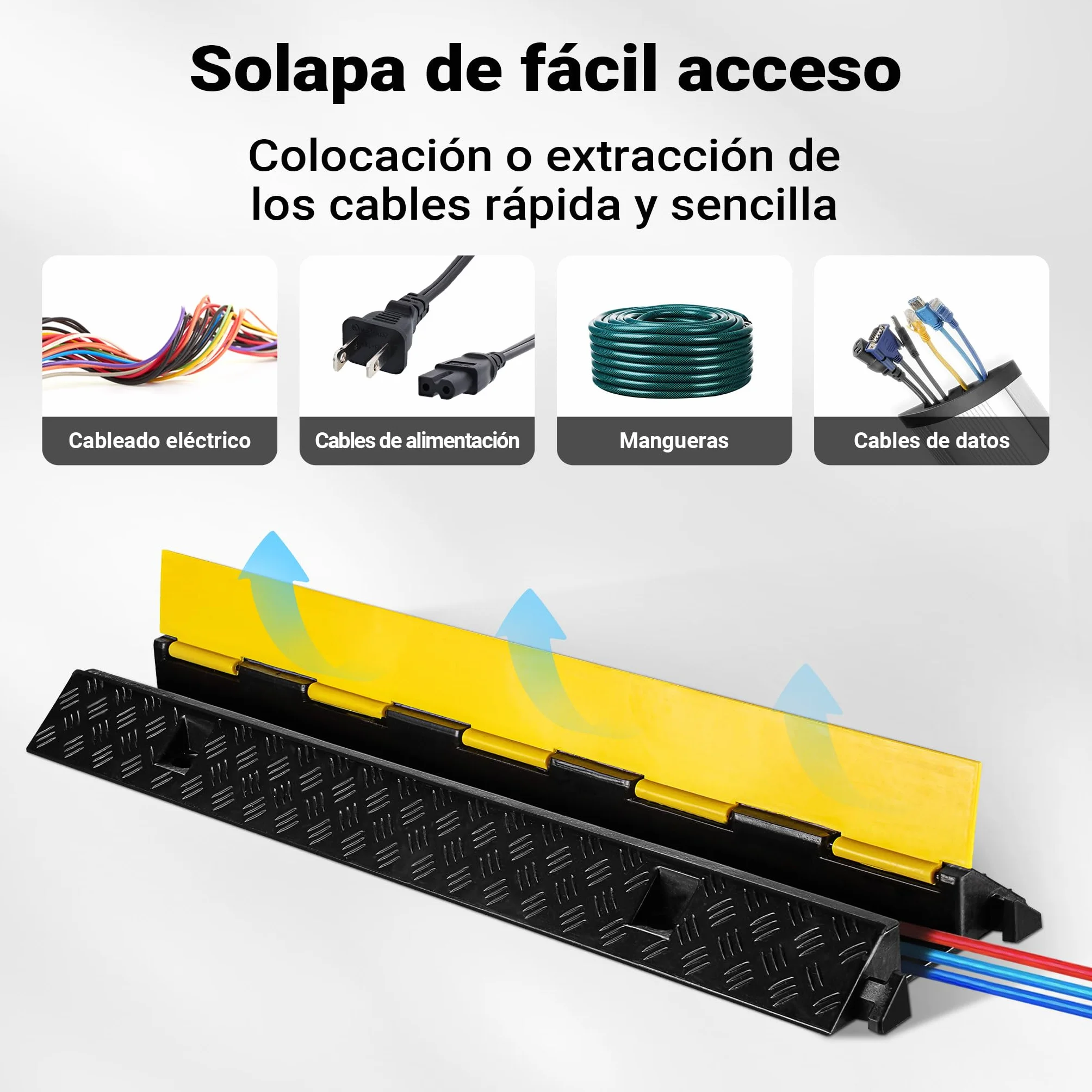 Rampa para Cables 98 x 26 x 6.5 cm, Canal Pasacables 15 t, Protección Vehículos 30 km/h, PP y Goma