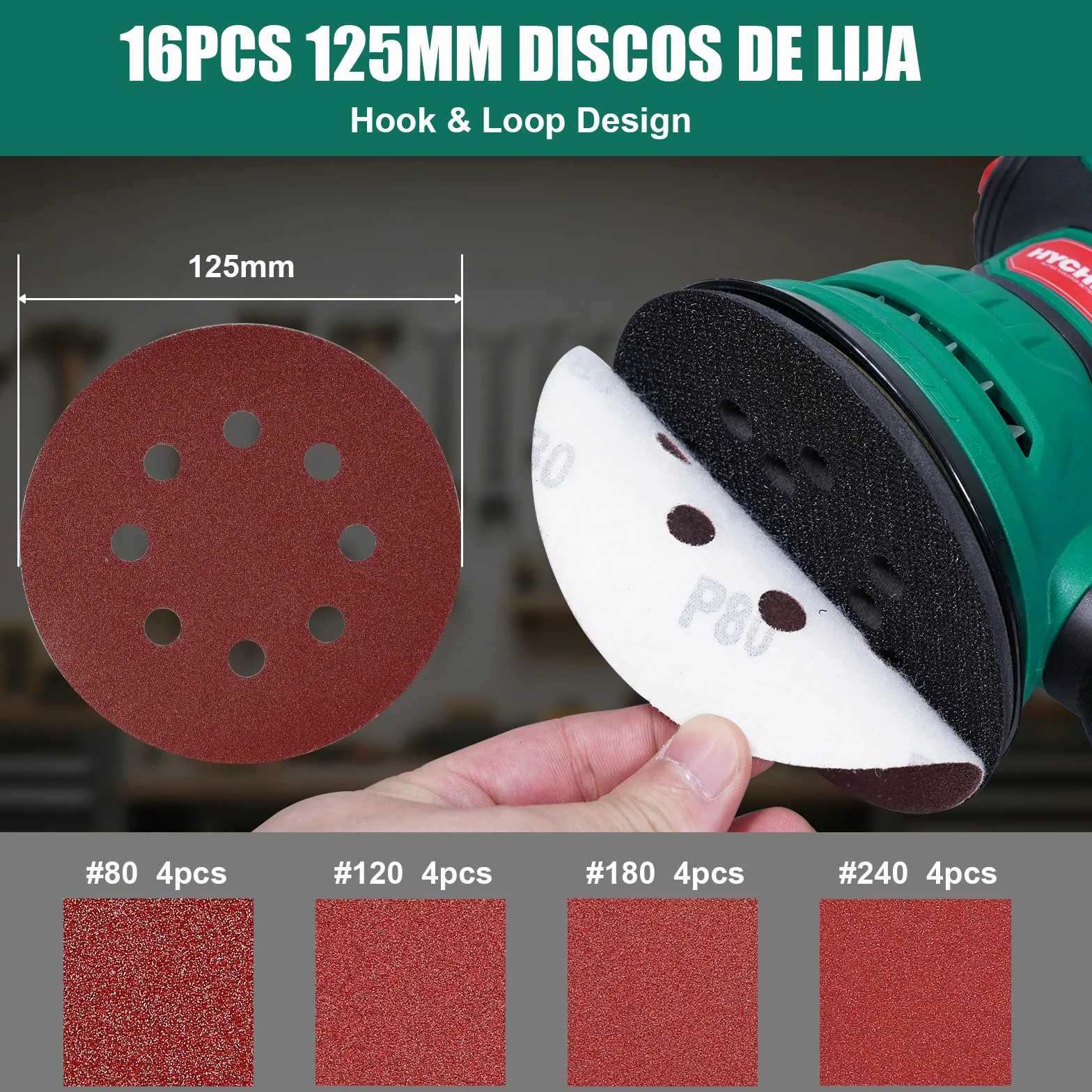 HYCHIKA Lijadora Orbital, 300W 12000OPM Lijadora Madera, 6 Velocidades, con 16 Piezas de Discos de lija 125mm, Con Recogida de Polvo y Efecto de Frenado Rápido, para Lijar y pulir Madera