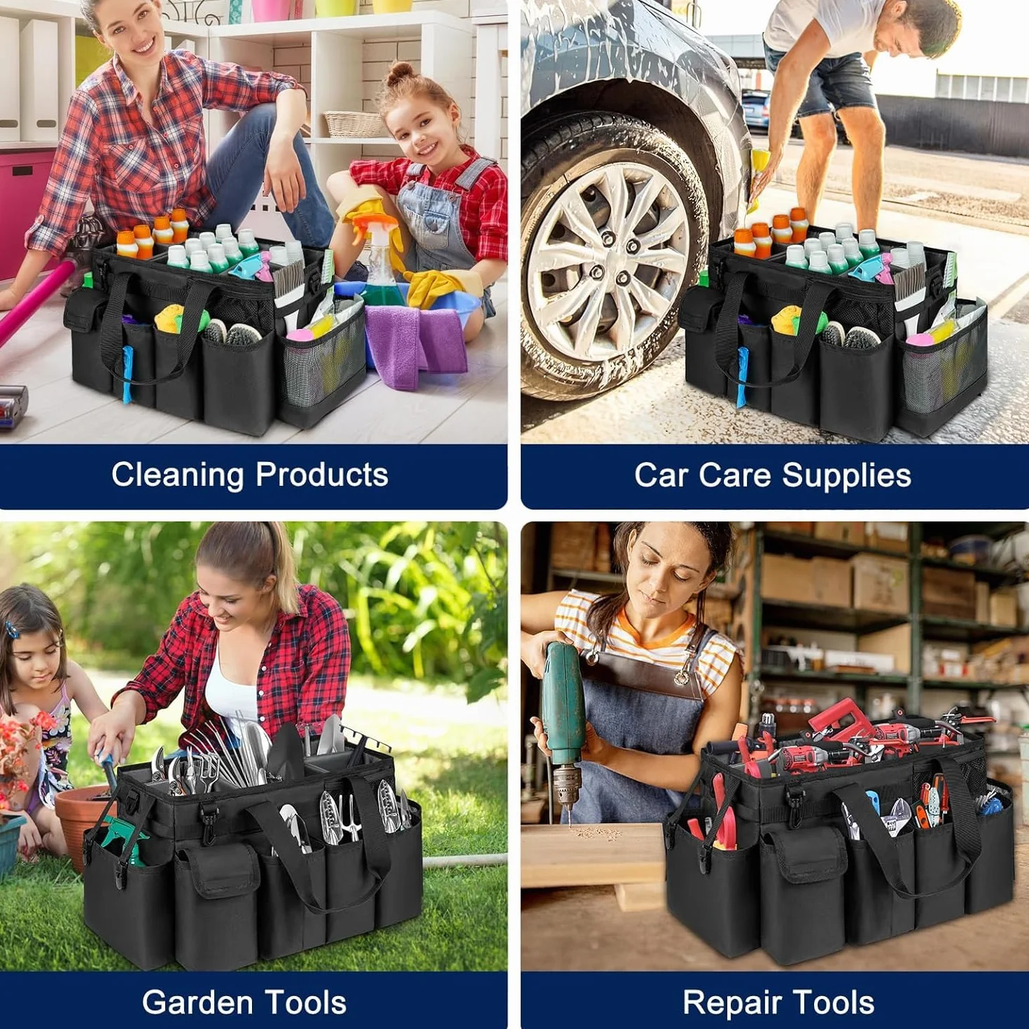 Bolsa de limpieza XL, organizador de suministros de limpieza extra grande con asa para amas de casa, color negro
