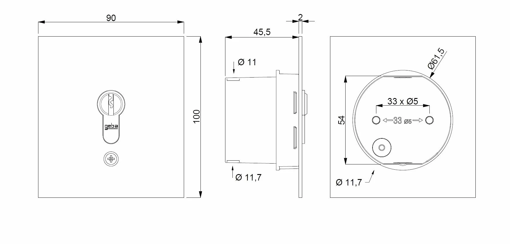 Schlüsseltaster Unterputz geba 2-seitig tastend US 1-2T/1 121.1301.1A, inkl. DIN Profilhalbzylinder & 3 Schlüssel einbruchhemmend (europäisch patentiertes System), grau/Aluminium-eloxiert