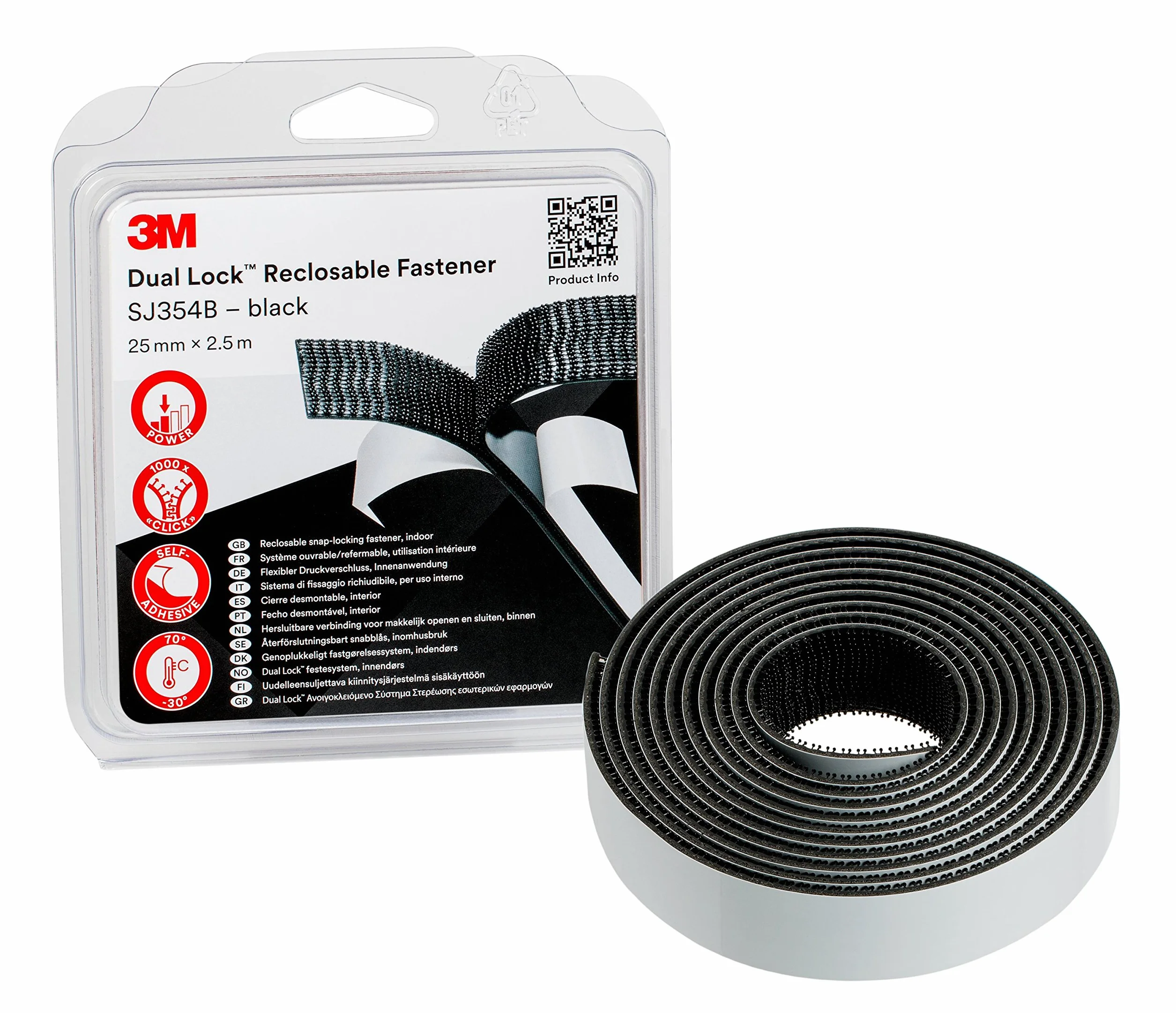 3M Dual Lock SJ354B, Sistemas de cierre reposicionable - Se une bien a numerosos plásticos (polipropileno, polietileno) y pinturas críticas - 25mm X 2.5m, negro, 5.7mm (1 unidad)