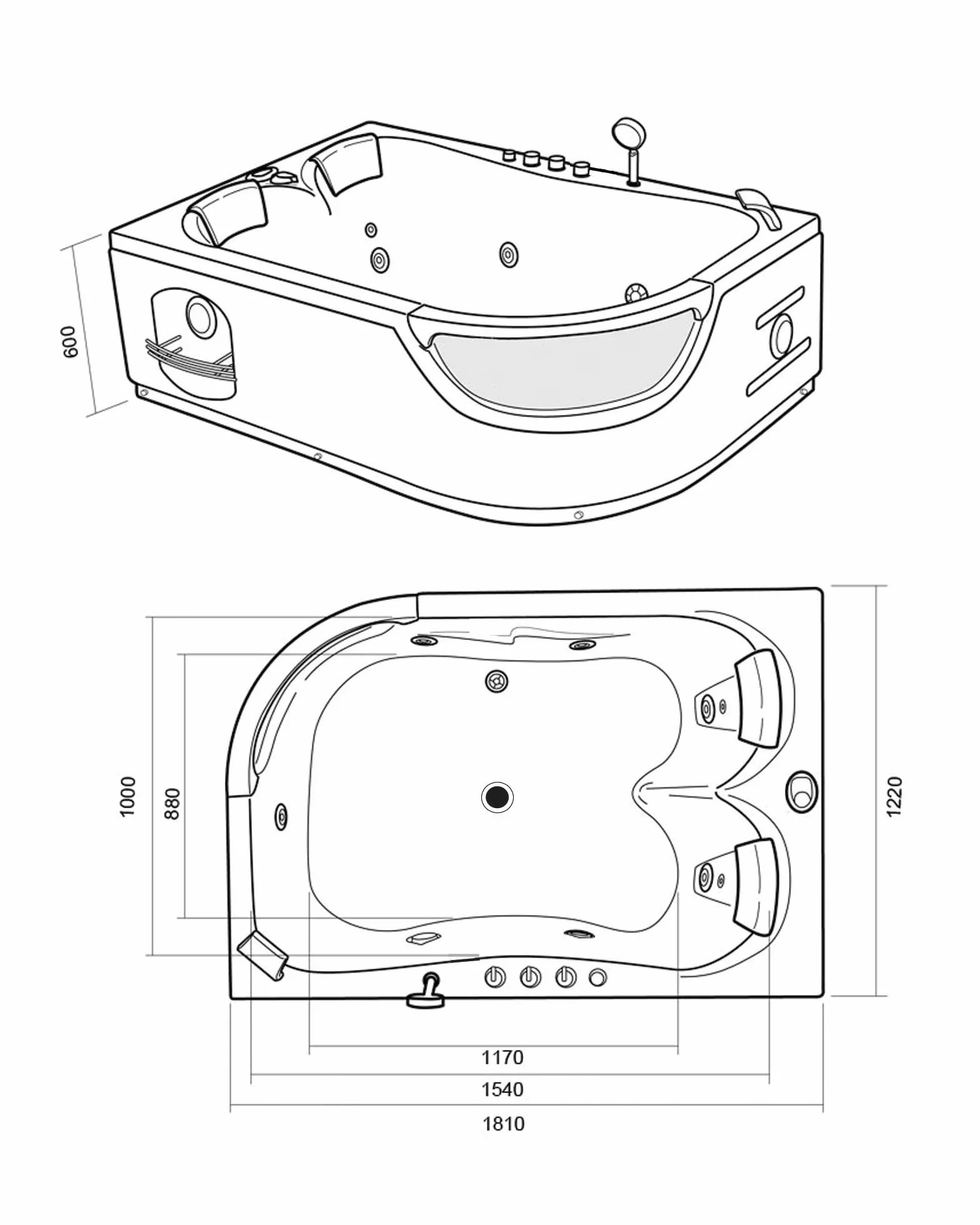 Bañera hidromasaje Modelo PEGASO 180 x 120 cm Para 2 Bañera de esquina hidromasaje Nueva Terapia luz de colores