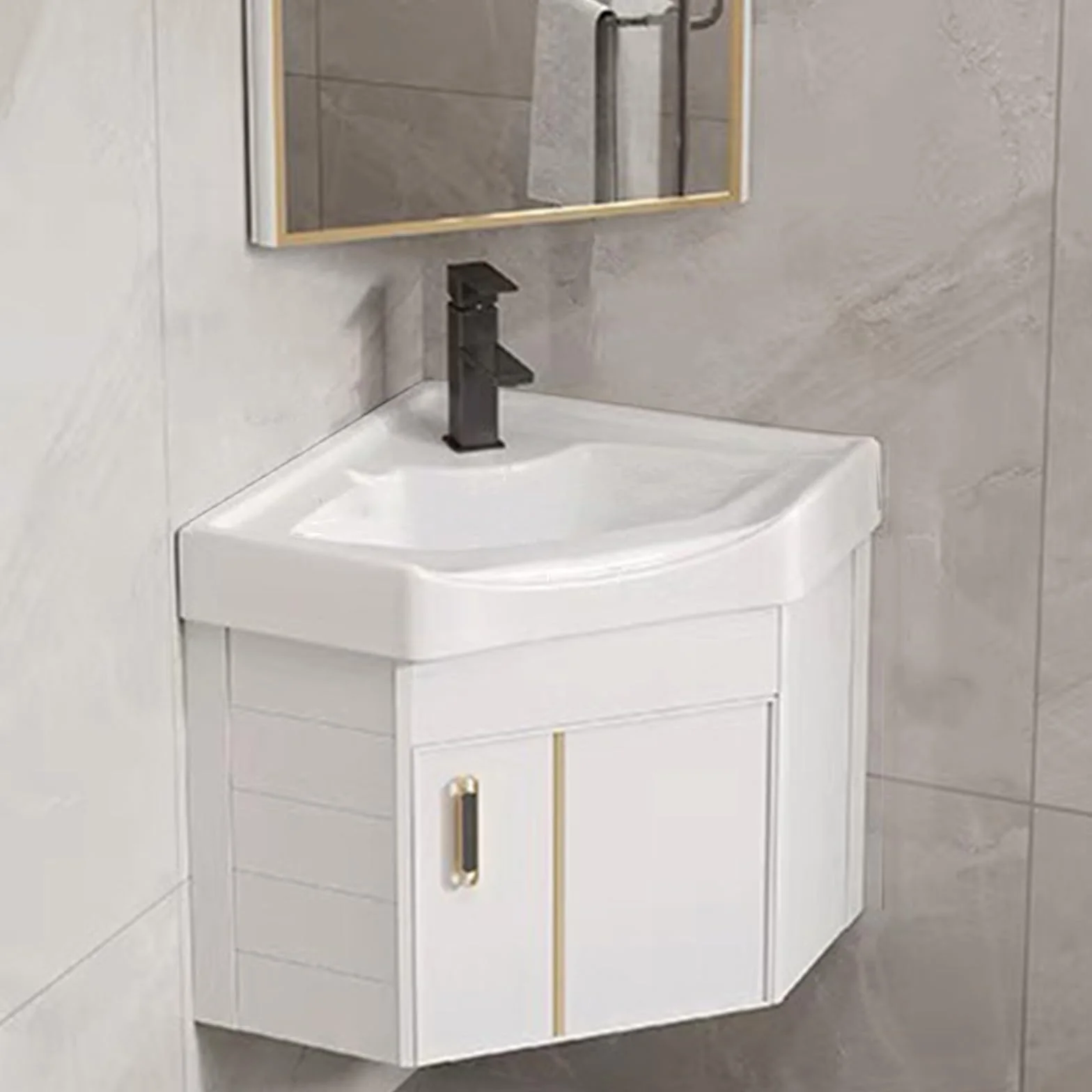 Gabinete de tocador de baño, Lavabo de Esquina montado en la Pared con contenedor de Almacenamiento(Color:Wit,Size:38cm/14.9in)