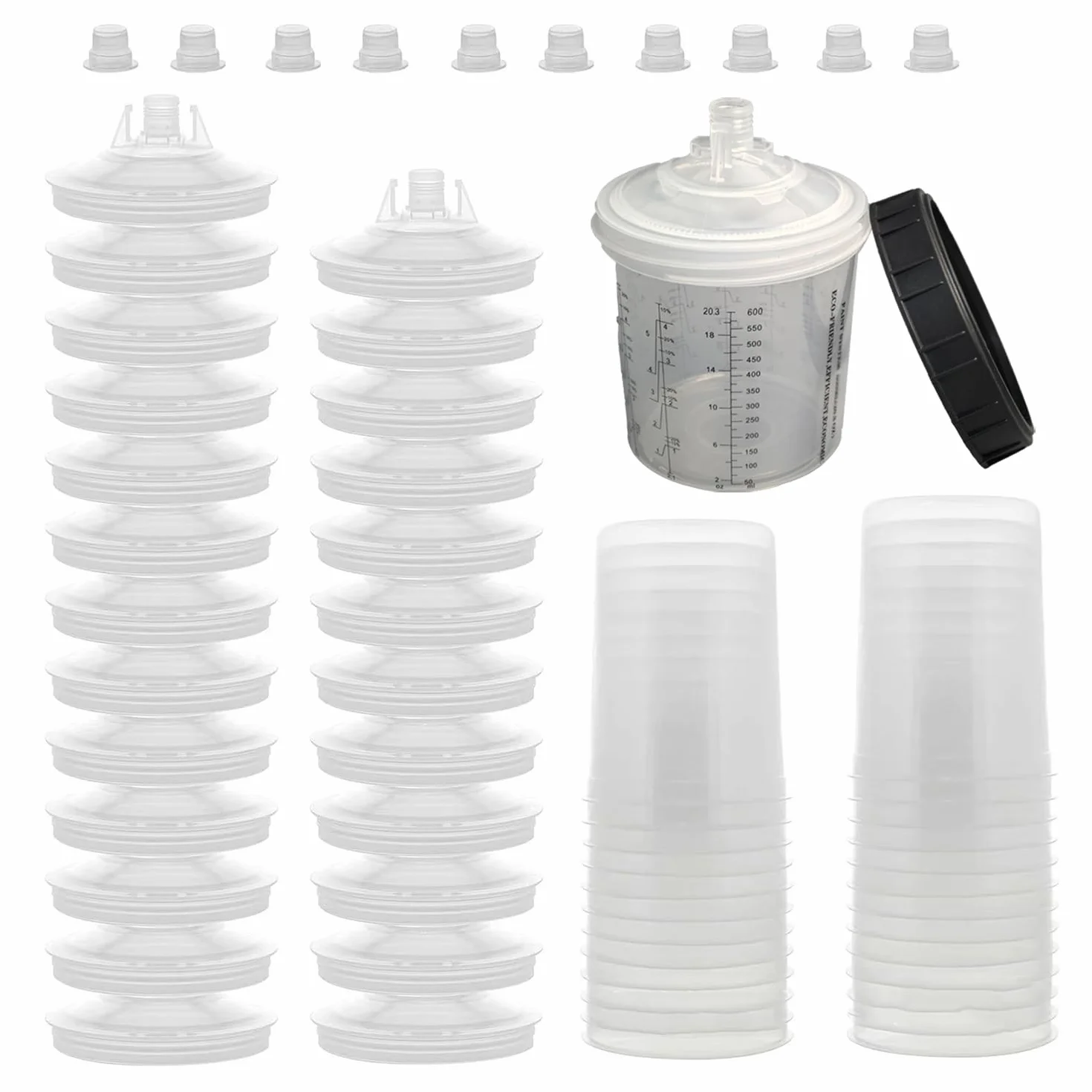 Juego de Taza de Mezcla de Pintura Desechable HVLP y LVLP,Kit de Vasos Mezcladores de Pintura con Tapa de 600 ML Que Incluye 30 Filtros,30 Vasos y Tapas,10 Tapones y 2 Adaptadores para Vasos