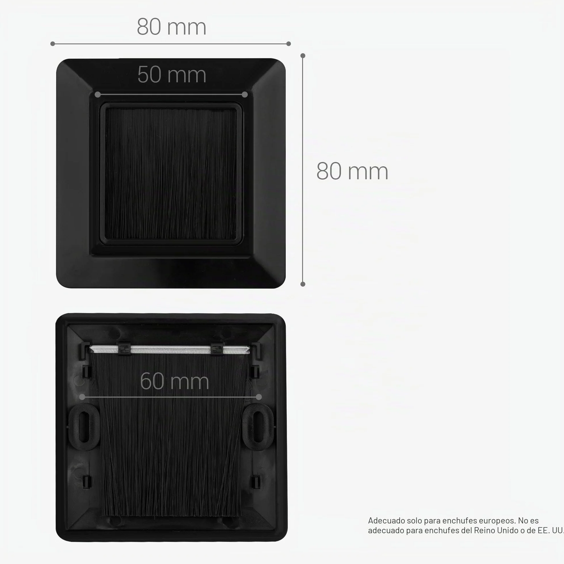 kwmobile 2X Placa de Pared con Cepillo Cubierta Oculta para tapar Cables Salidas Hoyos - Set de pasacables Enchufe Europeo Negro