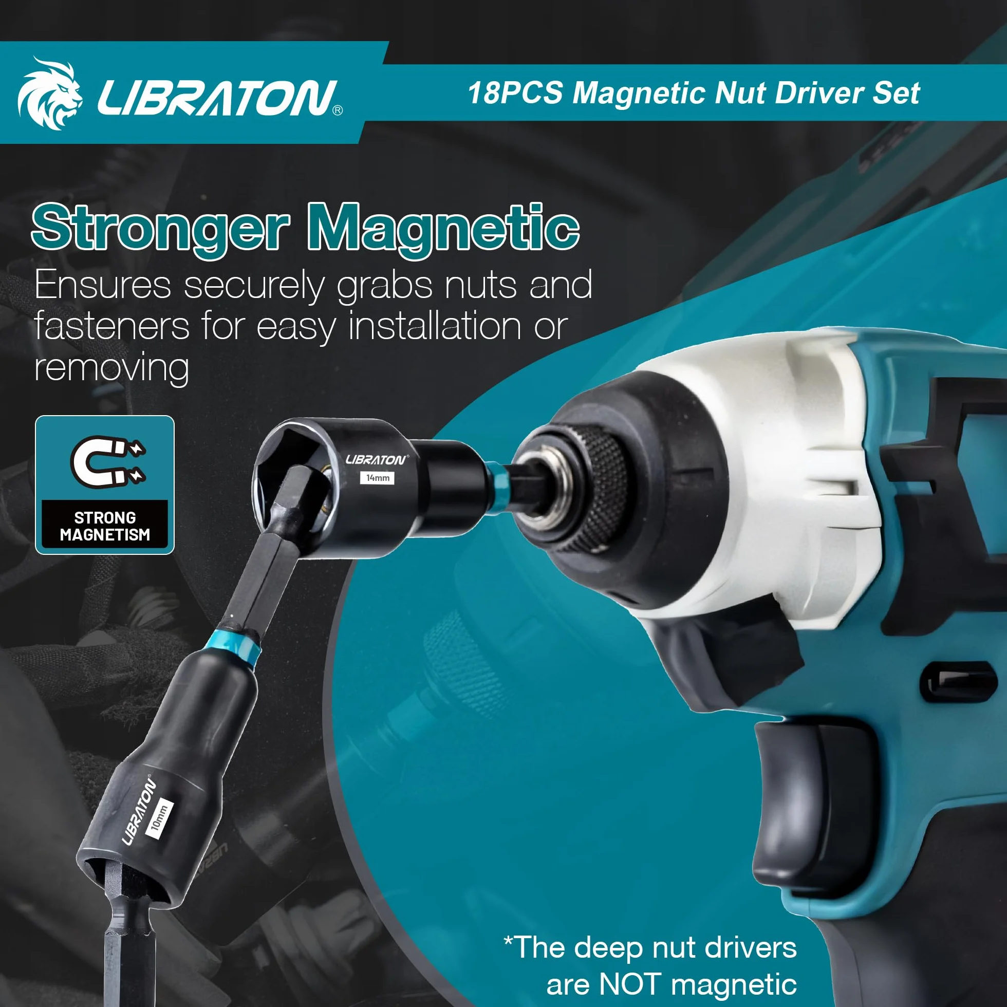 LIBRATON 18 Piezas Juego de Destornilladores Magnéticos para Tuercas para Taladro de Impacto, Métrico, Destornilladores para Tuercas de 5-14MM, Profundas de 6-17MM, Portapuntas, para Reparación