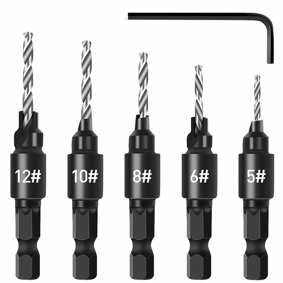 Juego de 5 brocas avellanadoras para carpintería, 1/4" HSS con avellanador, para tornillos #5-12, con llave en L