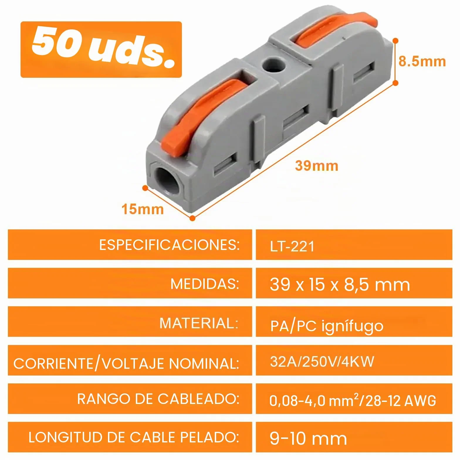 Conectores Electricos Rapidos SPL-1 Clemas Electricas con Palanca 28-12 AWG SPL1-5 Acoplamientos de cable 50 Piezas