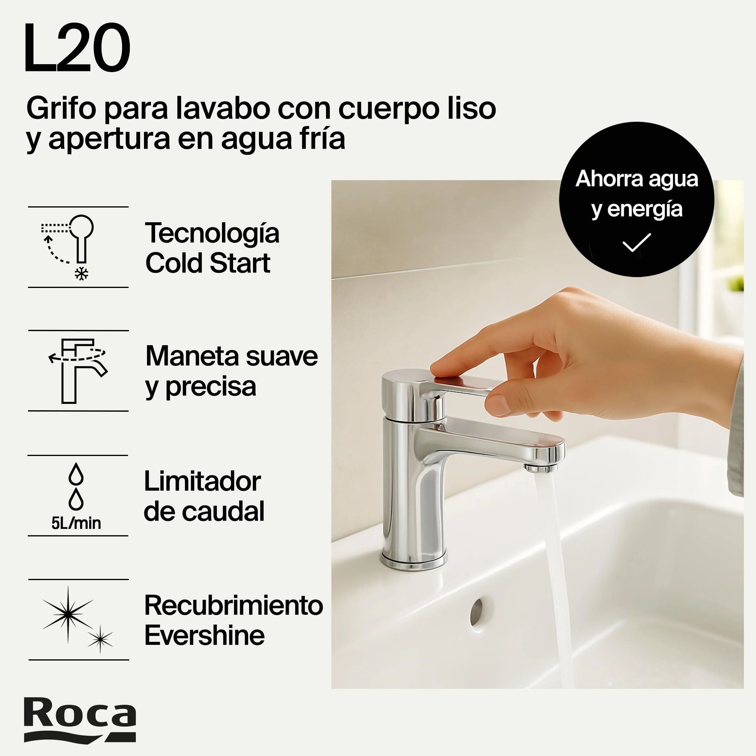 Roca L20 Grifería para lavabo con tecnología Cold Start, grifo monomando de repisa con enlaces de alimentación flexibles, mezclador para cuarto de baño de fácil instalación, cromado, A5A3K09C00