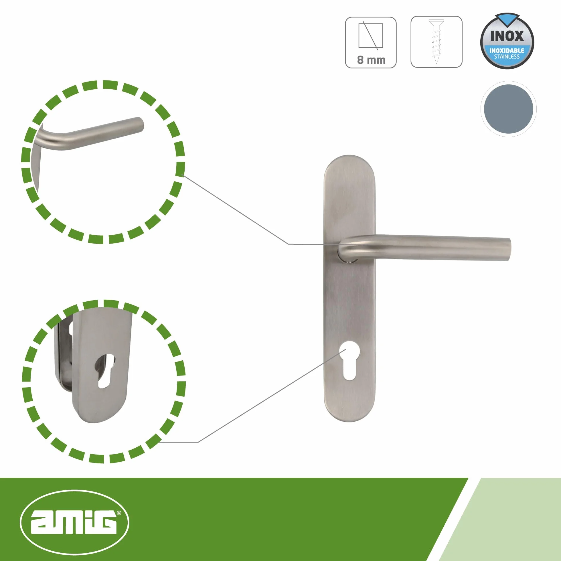 Amig - Juego de Manillas con Placa para puerta - Maneta con Bocallave - Mod. 4PXB - Acero inoxidable 18/8-230 x 45 mm - Cuadradillo de 8 mm - Plateado mate
