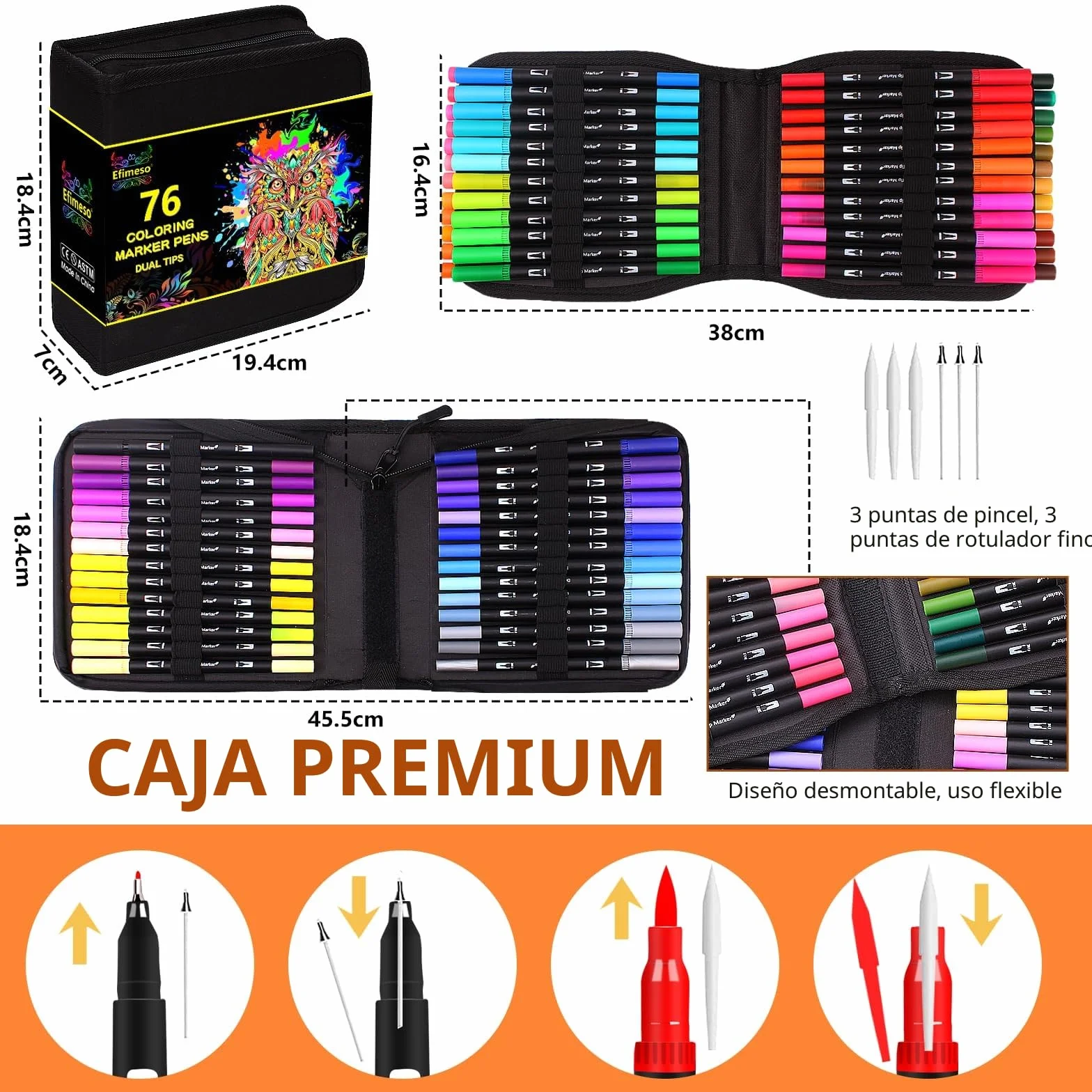 Efimeso 76 Rotuladores Lettering Punta Fieltro Pincel Estuche, Brush Pen Kit Colorear Adultos