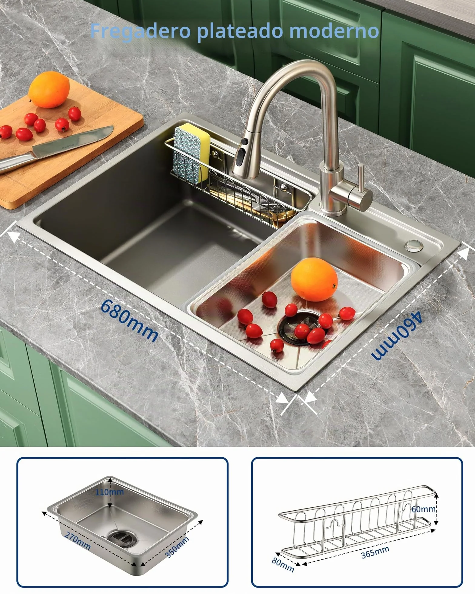 Fregadero de Cocina de Acero Inoxidable 68x46 cm, 1 Cubeta con Sifón, Desbordamiento y Accesorios de Vaciado, Fregadero Moderno Multifuncional para Encimeras > 80 cm (Plateado)