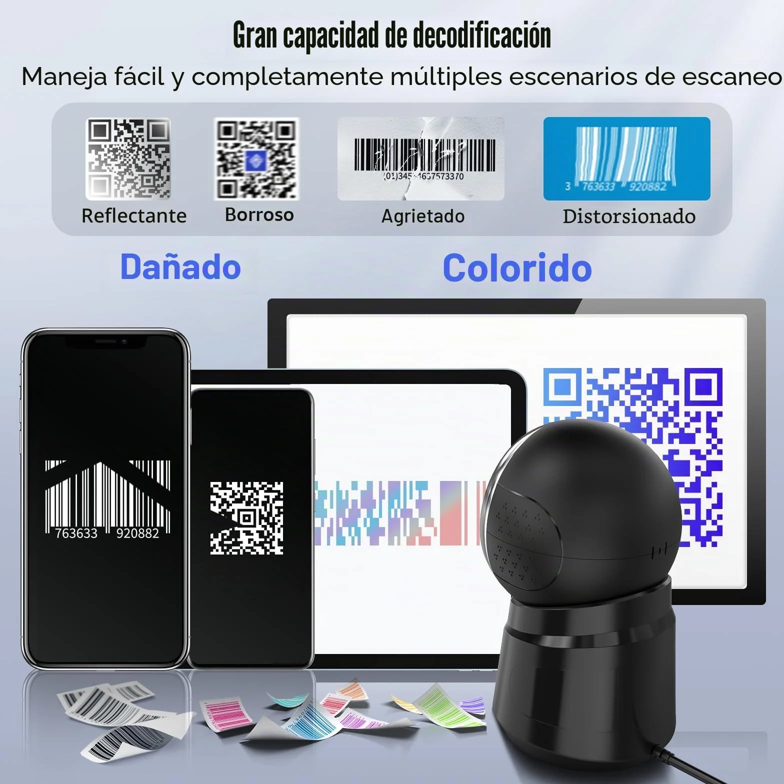 Tera Escáner de código de Barras 1D 2D QR USB Manos Libres Model 9000