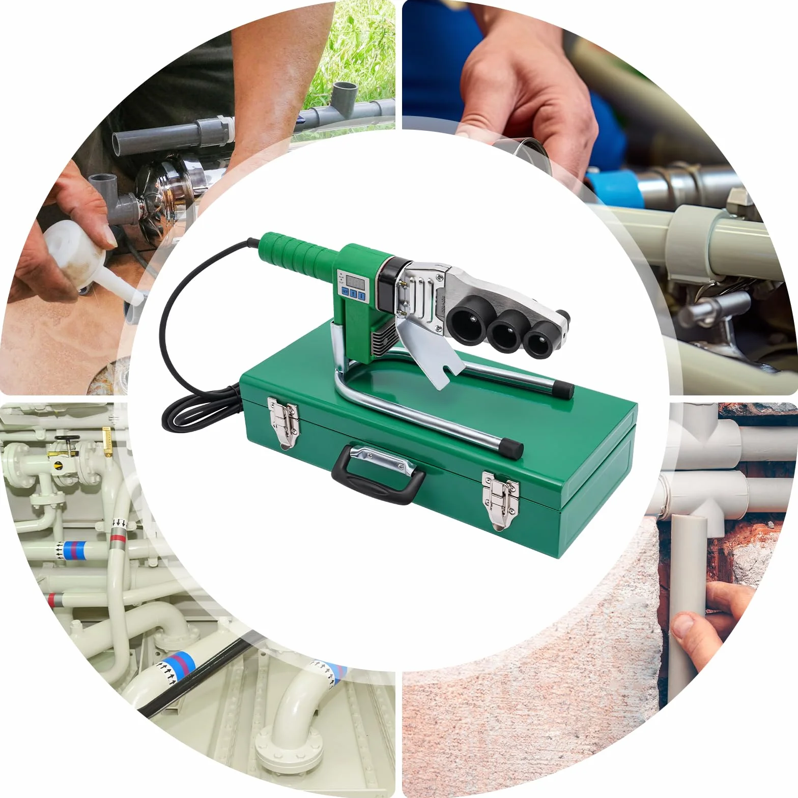 Dispositivo de soldadura para tubos de agua, 77-725°F ajustable, pantalla LED, placa de conductividad térmica de aluminio, calefacción doble de tubo de 1500 W, PPR PE PP