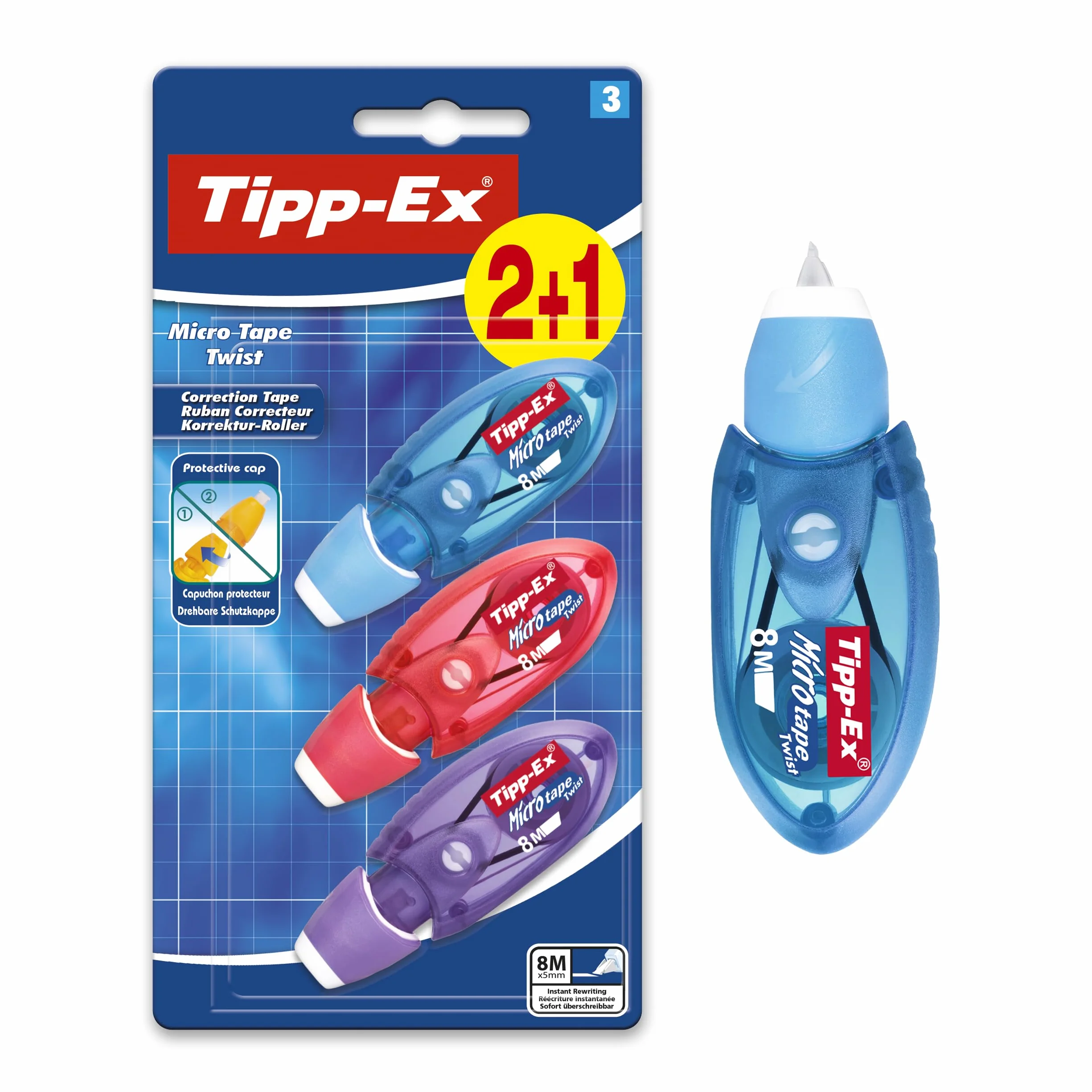 BIC Tipp-Ex Cinta Correctora Micro Tape Twist 8m x 5mm Cabezal Rotativo Blíster 3 Multicolor