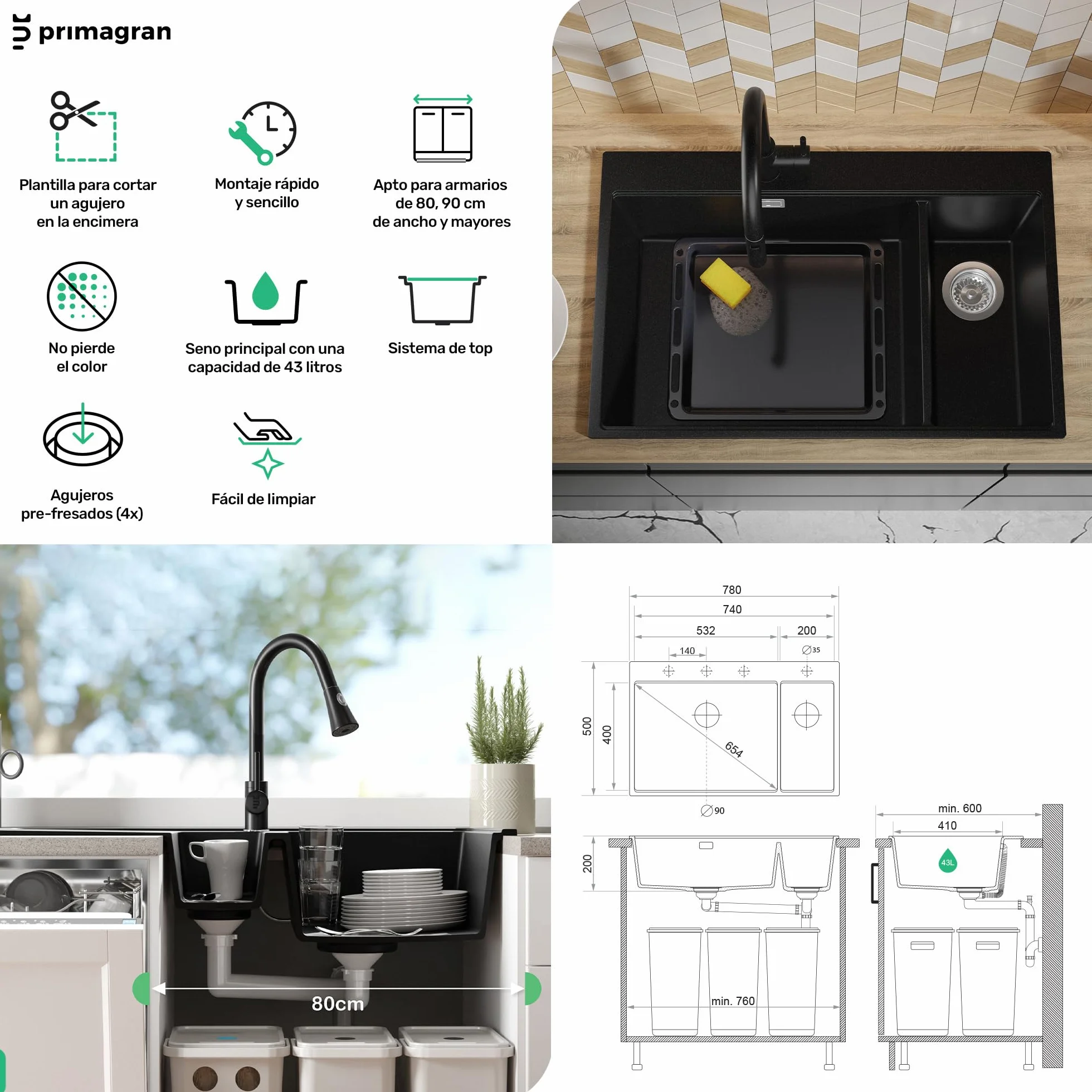 PRIMAGRAN Fregadero Granito Todo Negro 78x50cm, Cocina 2 Senos + Grifo 40x38cm + Sifón + Tabla de Cortar, Sobre Encimera al Mueble 80cm - Oslo Duo Top S100