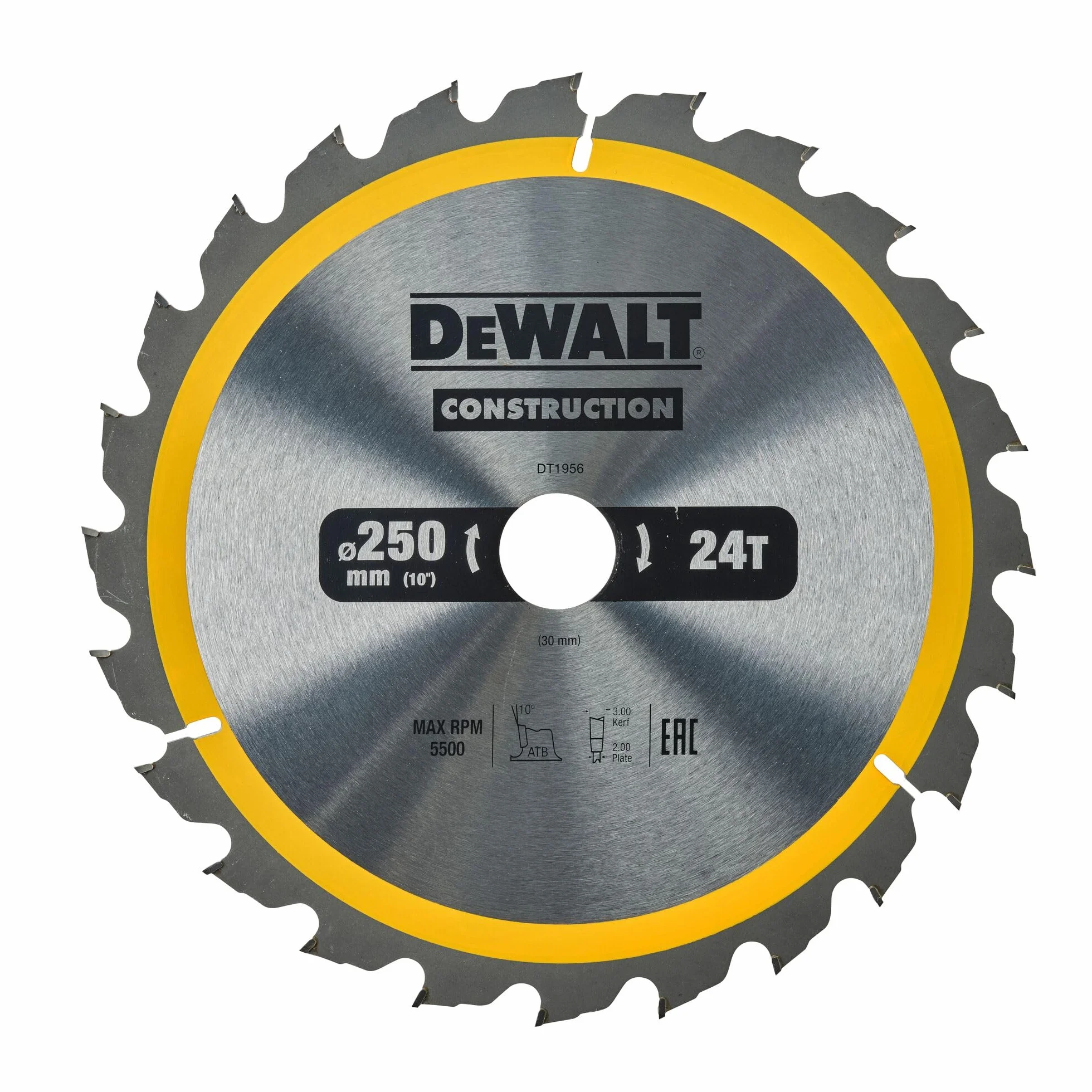 DEWALT DT1956-QZ - Hoja de Sierra Circular Estacionaria, Disco Cortante de 24 Dientes 250x30mm, Herramienta Resistente a Clavos, Duradera, Especial para Construcción y Uso Profesional