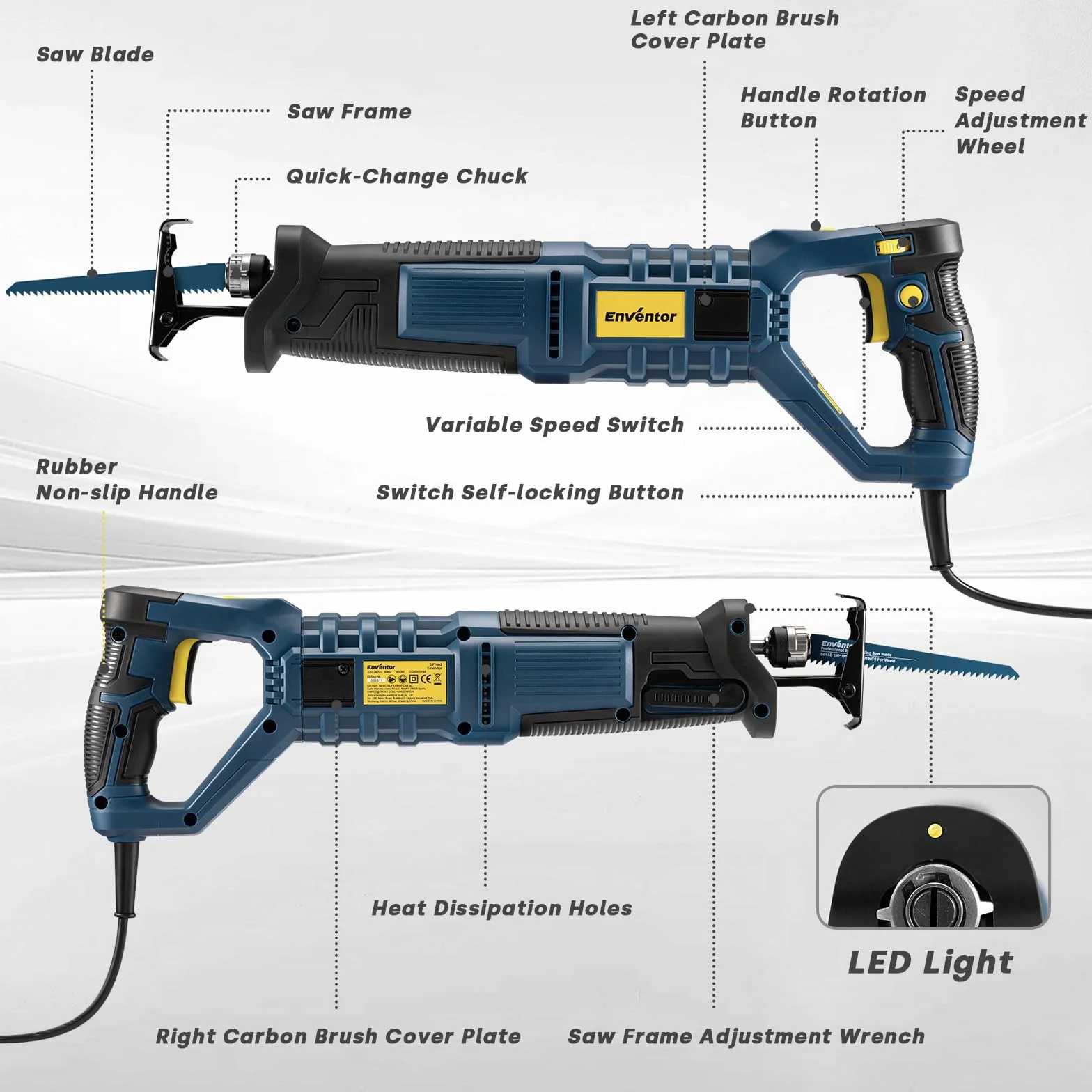 Enventor Sierra Sable con Cable, 850W, Sierra de Sable, 6 hojas, 2800SPM, velocidad variable, carrera de 28mm, cambio de hoja sin herramientas, 180° mango giratorio, para cortar madera, PVC y metal