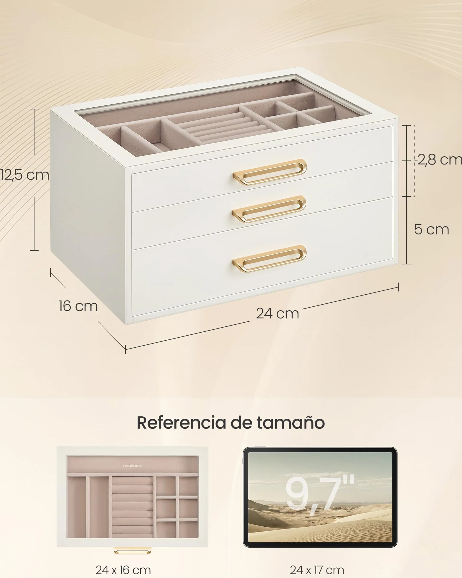 SONGMICS Caja de Joyas, Organizador de Joyería de 3 Niveles, con Ventana de Vidrio, 3 Cajones, Gran Capacidad, Tiradores Dorados, Idea de Regalo, 16 x 24 x 12,5 cm, Blanco Crema JBC206WD01