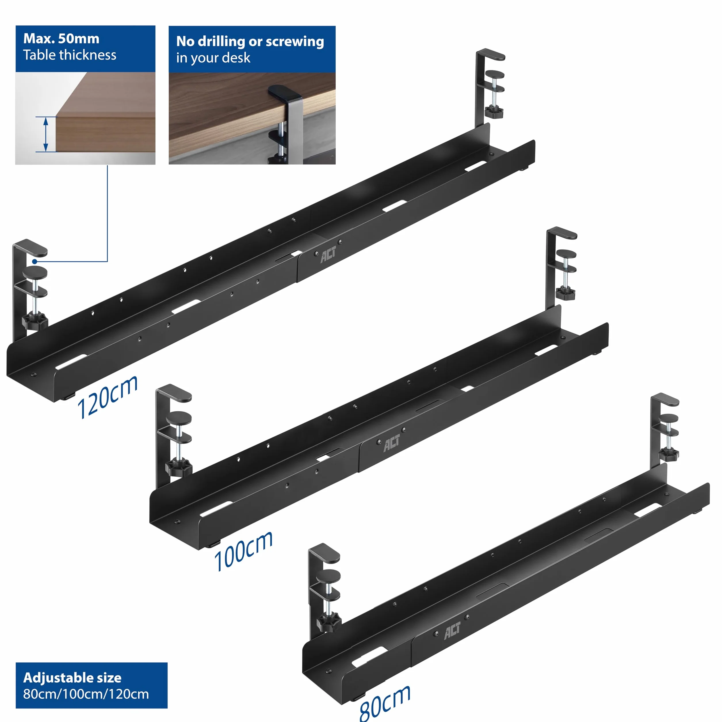 ACT Organizador de Cables Extensible para Escritorio, sin taladrar, con Soporte de Pinza, Organizador de Cables para PC, Bandeja de Cables para el Lugar de Trabajo AC8376