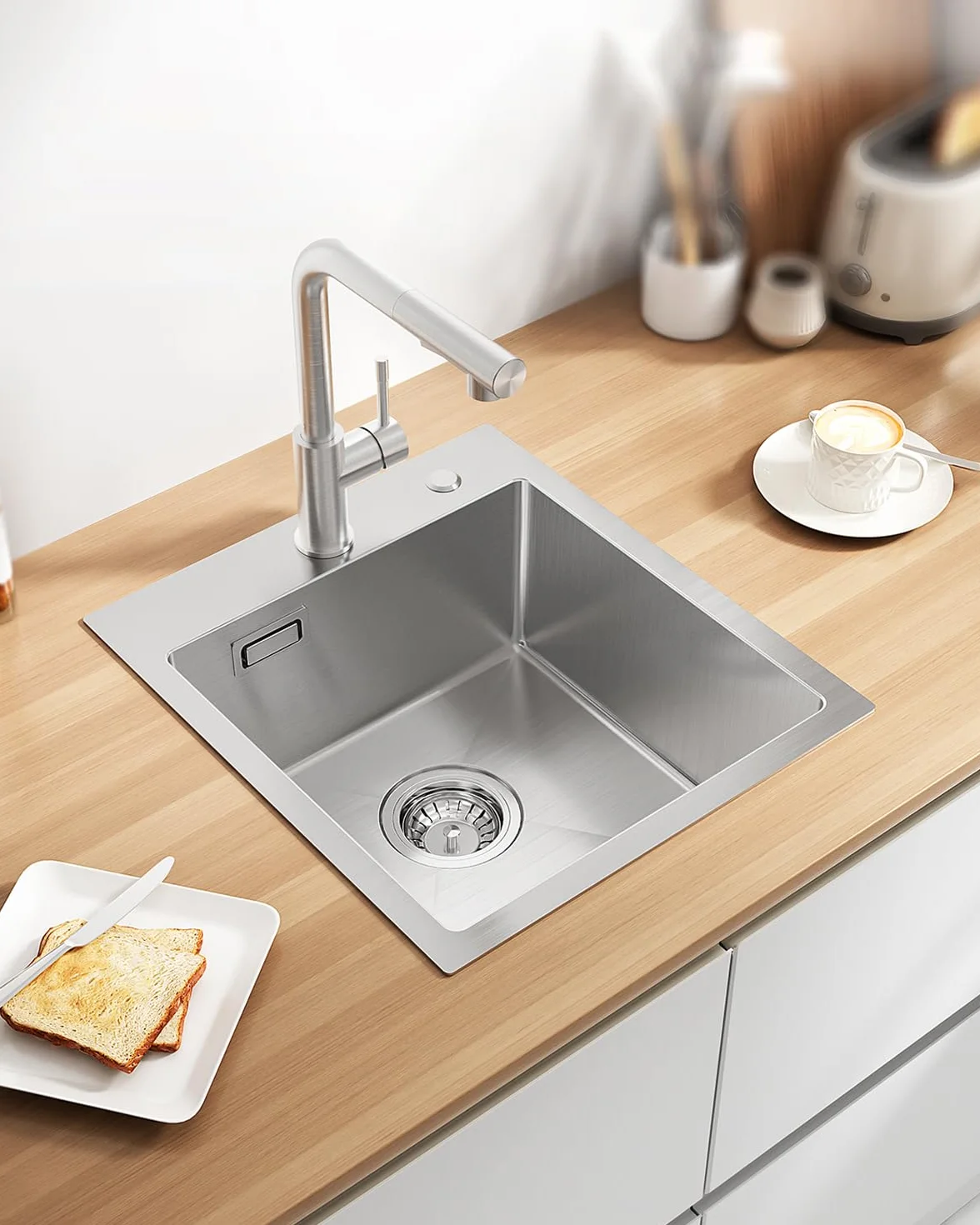 Fregadero Cocina 1 Seno 40x45cm, Fregadero Cocina en Acero Inoxidable 304, Fregaderos Sobre Encimera de Un Seno con Sifón y Juego Desagüe, Cepillado