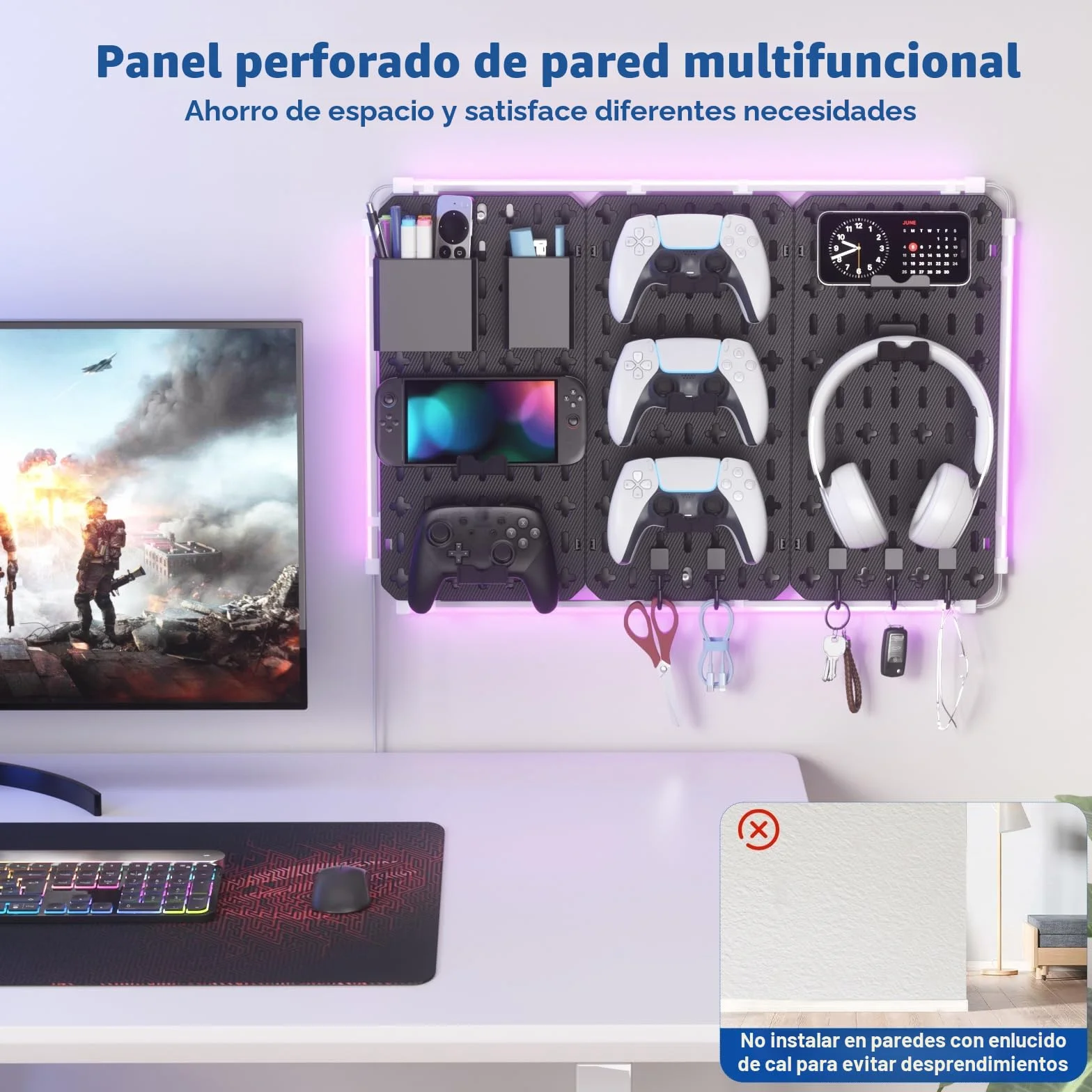 KDD 7 en 1 Panel Perforado Organizador Pared, 40x20cm 3 Paneles de Pegboard Gaming con Barra de Luz LED, Tablero Perforado de Kit Combinado con 14 Piezas para Colgar Herramientas para Juegos Oficina