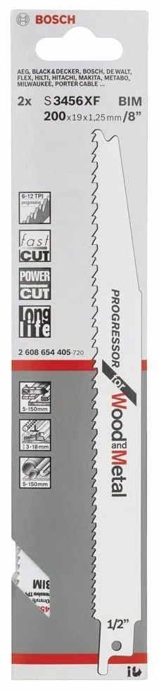 Bosch Accessories 2 unidades Hoja de sierra sable S 3456 XF Progressor for Wood and Metal (Longitud 200 mm, accesorio de sierra sable)