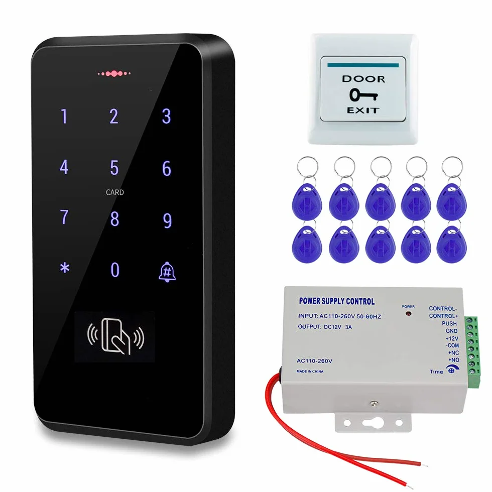 Kit de Sistema Control Acceso para Puertas Exteriores IP68 Waterproof Lector de Tarjetas Teclado RFID + Fuente Alimentación + Botón Exit + 10pcs Keychains (sin Cerradura)