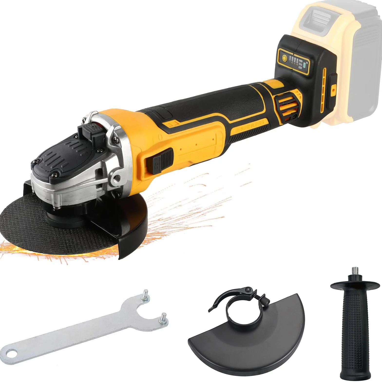 Amoladora angular inalámbrica compatible con batería Dewalt de 18 V y 20 V, potente herramienta de amoladora de 125 mm con ajustes de 3 velocidades, motor sin escobillas de 10000 rpm, protector