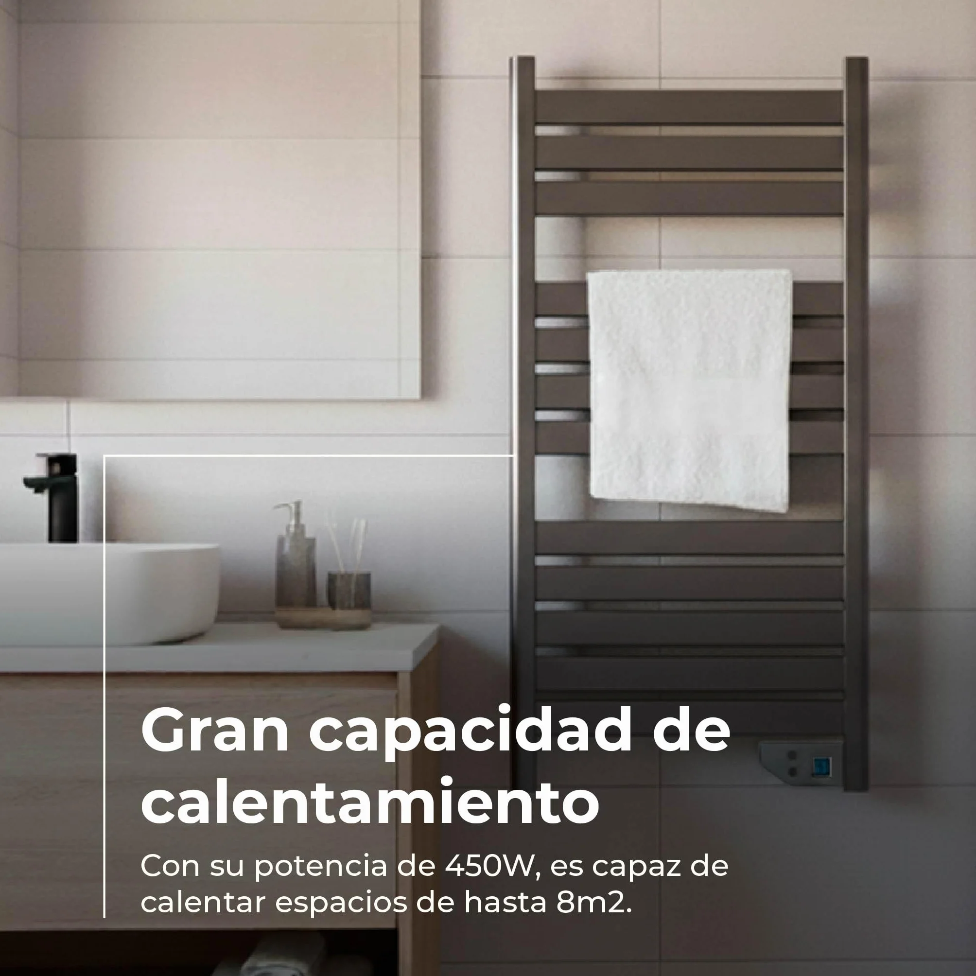 EVVO Toallero Eléctrico C500 Acero, 450W, hasta 8 m2, Bajo Consumo, Silencioso, Seguridad Sobrecalentamiento, Incluye Kit de Instalación, Antisalpicaduras, Temporizador 2 Horas (Acero)