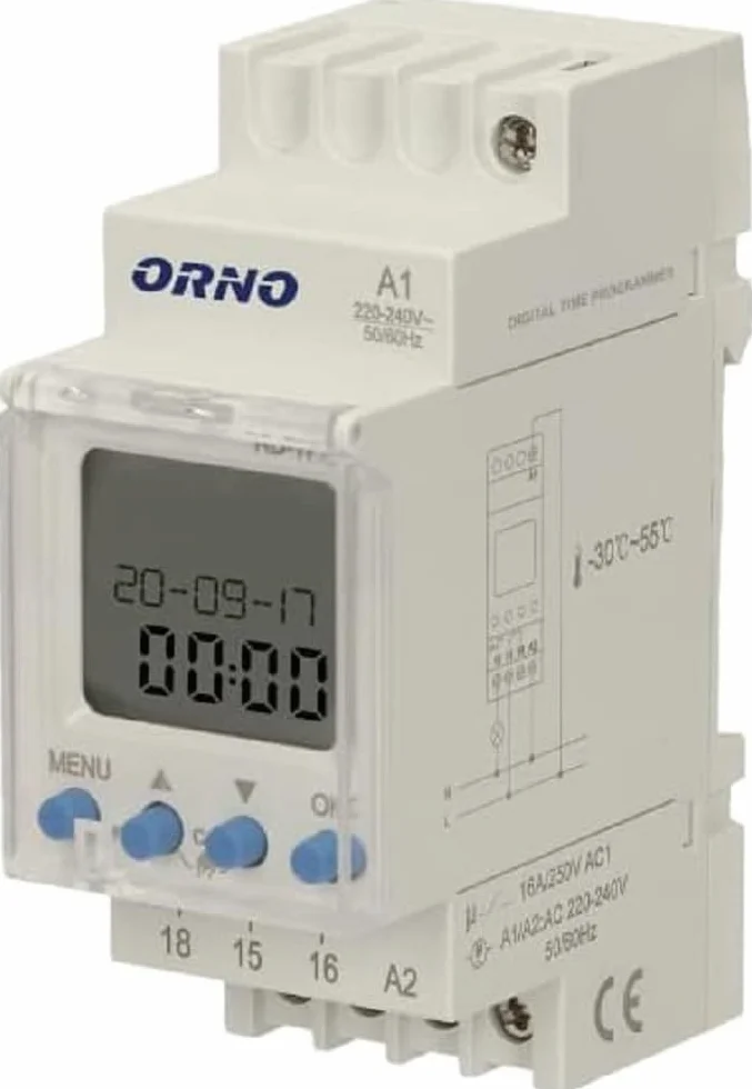 ORNO PRE-451 Interruptor Horario Astronómico 100 Programas 2 Salidas de Relé máx.16A/230V 2 Módulos de Anchura DIN TH-35mm Blanco