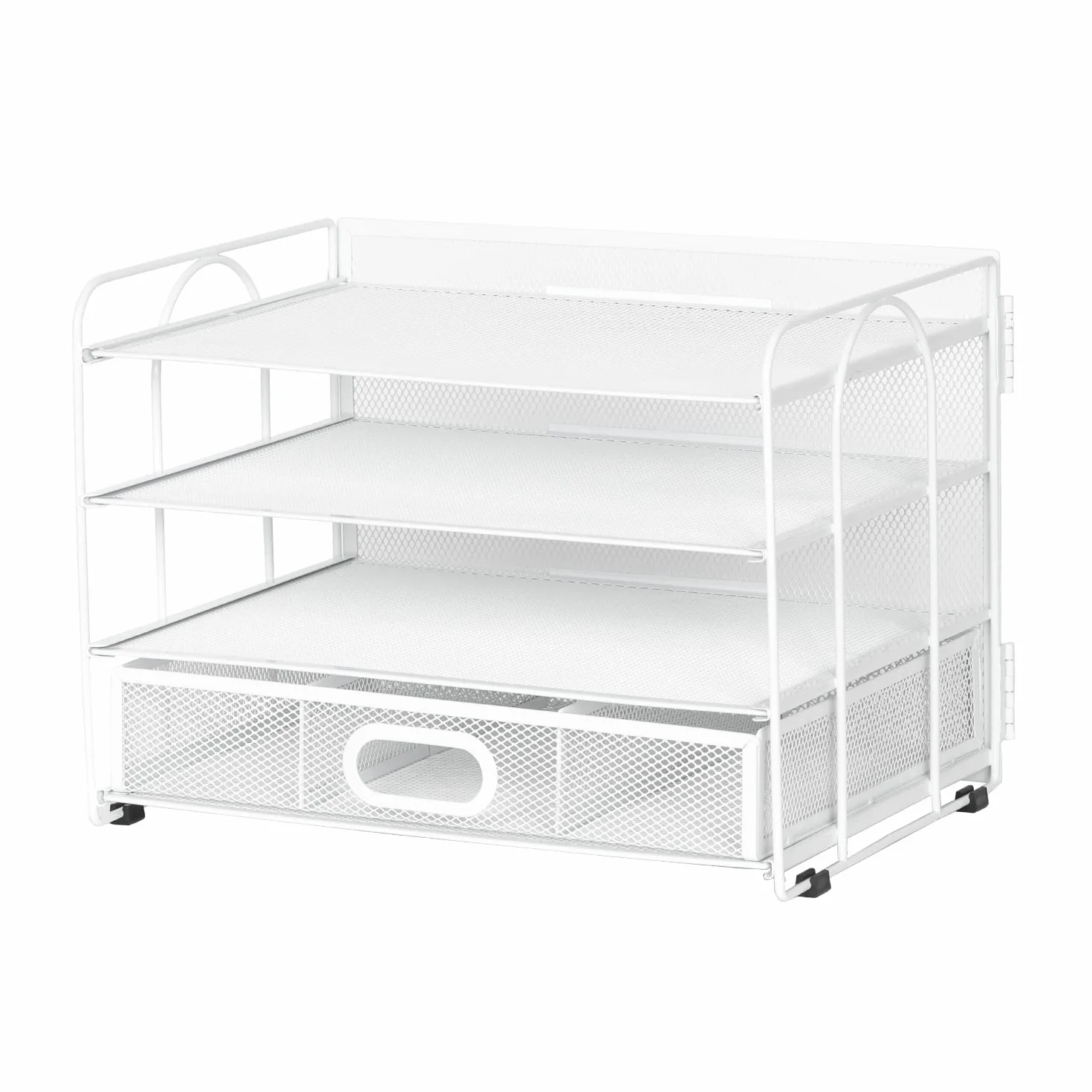 EasyPAG 4 Niveles Metal Malla A4 Bandeja Oficina Organizador Documentos Almacenamiento Papeles Soporte Archivador Clasificador Escritorio Estante Carta con Cajón, Blanco