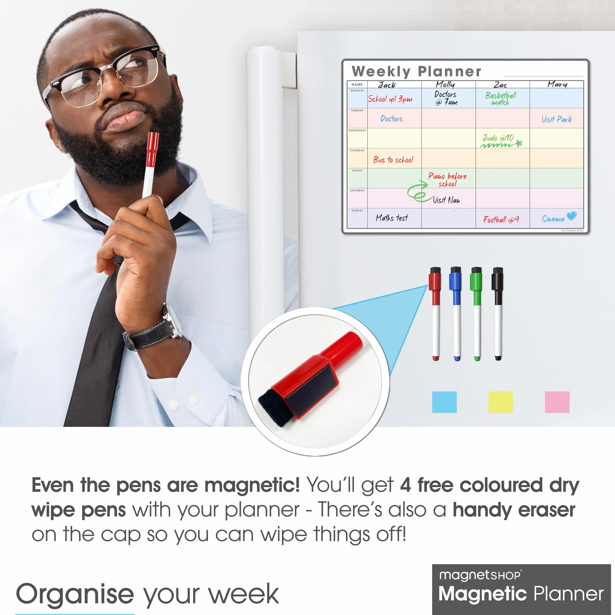 TMS Agenda semanal magnética A3 | Pizarra blanca personalizable para tareas y planificación de comidas | 4 bolígrafos magnéticos 42x30cm