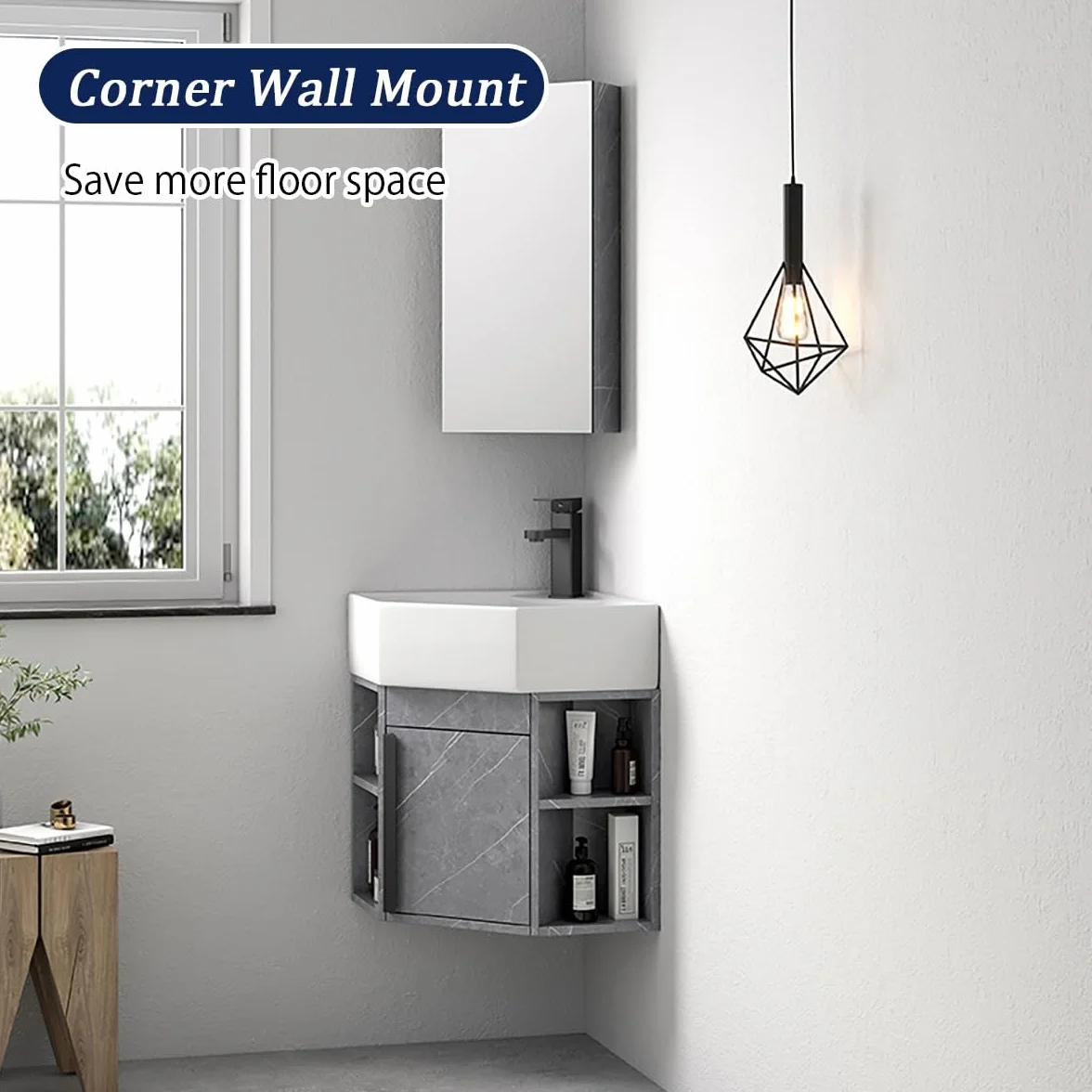Lavabo De Esquina For Baño Pequeño,Mueble Baño Con Lavabo,Lavabo De Cerámica,Lavabo De Porcelana Mural,Lavabo De Baño Con Contenedor De Almacenamiento,Para Tu Baño Principal Y De Invitados(Brown)