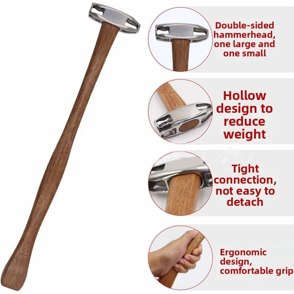 Whychstore Martillo de percusión de acero inoxidable para reparación de chapa, cabezales bilaterales con mango ergonómico de haya, diseño hueco ligero para un trabajo de carrocería sin costuras