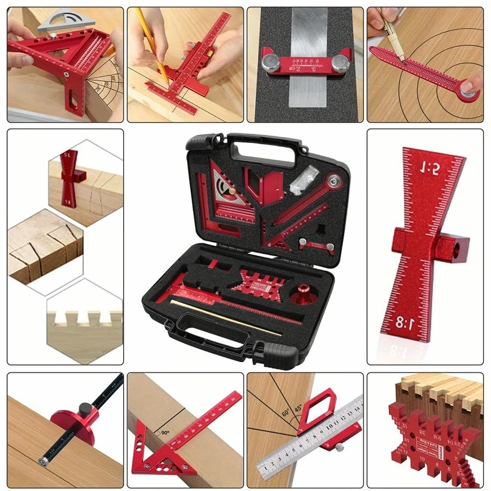 Aleación de aluminio Kit de medición y diseño de carpintería con reglas, calibradores, bloques de marcado y herramientas de afilado (6)
