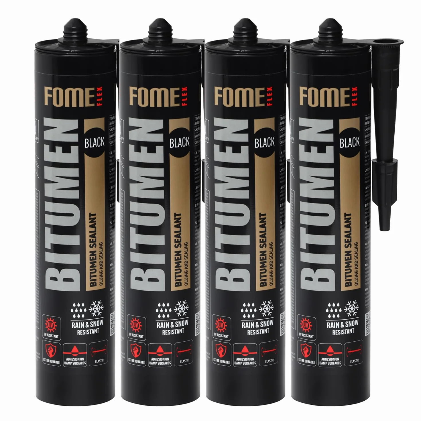 Sellador Bituminoso – Sella Filtraciones en Tejados y Canalones en Húmedo o Seco – Soporta de -50°C a +90°C – Se Adhiere a Betún, Cemento, Madera y Metal – 4 x 300 ml