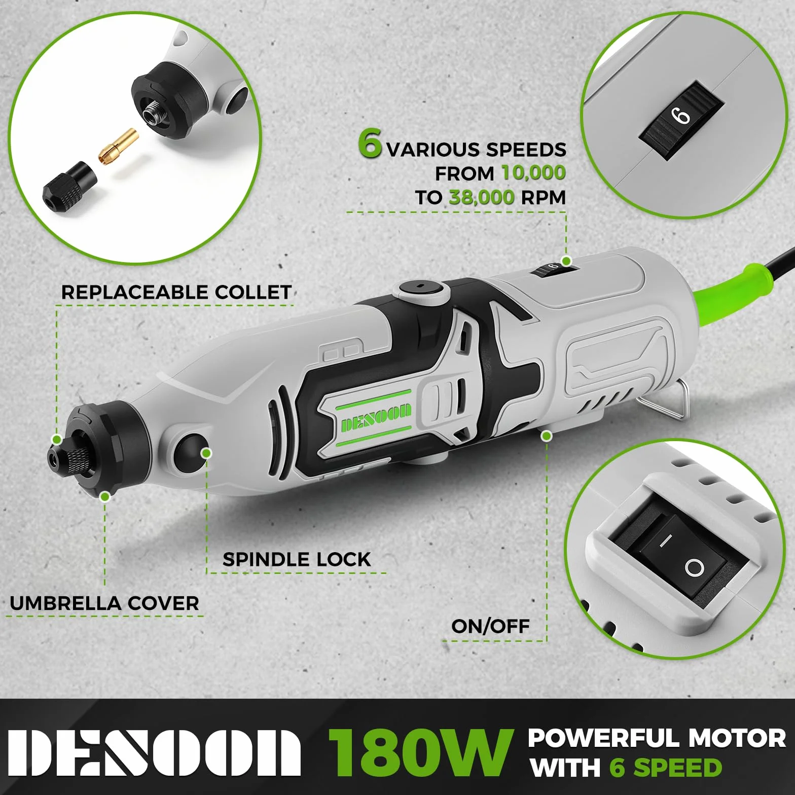 DESOON Mini Amoladora, Herramienta Multifunción de 170 W, Juego con 145 Accesorios, 6 Velocidades, 38.000 rpm, Mandril 3,2 mm, para Grabar, Taladrar, Cortar y Lijar