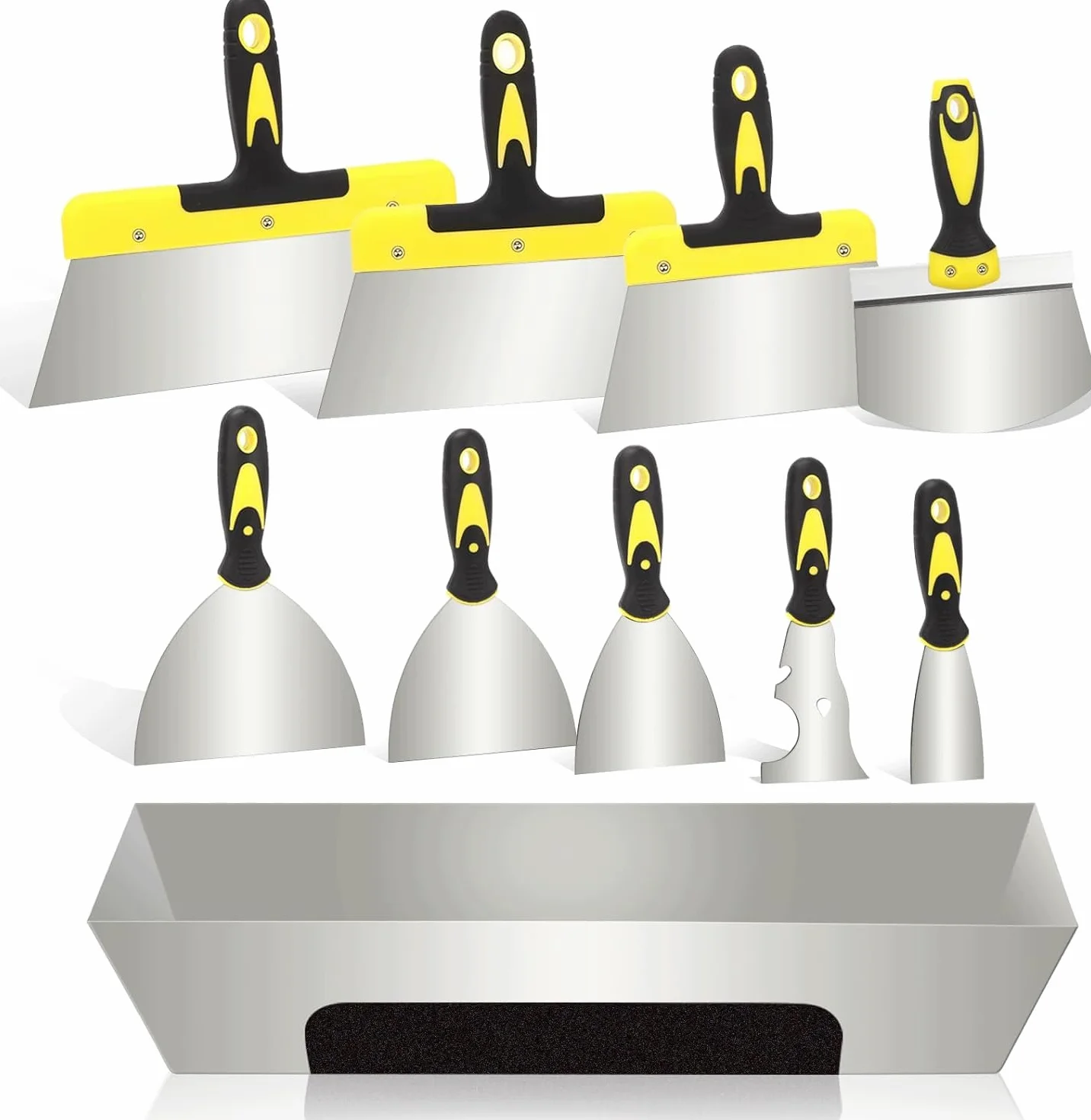 Juego de 10 cuchillos de masilla de acero inoxidable, espátulas de pintor y cuchillo de masilla para placas de yeso, reparación de paredes, juntas, bricolaje, cuchillo de masilla con mango ergonómico