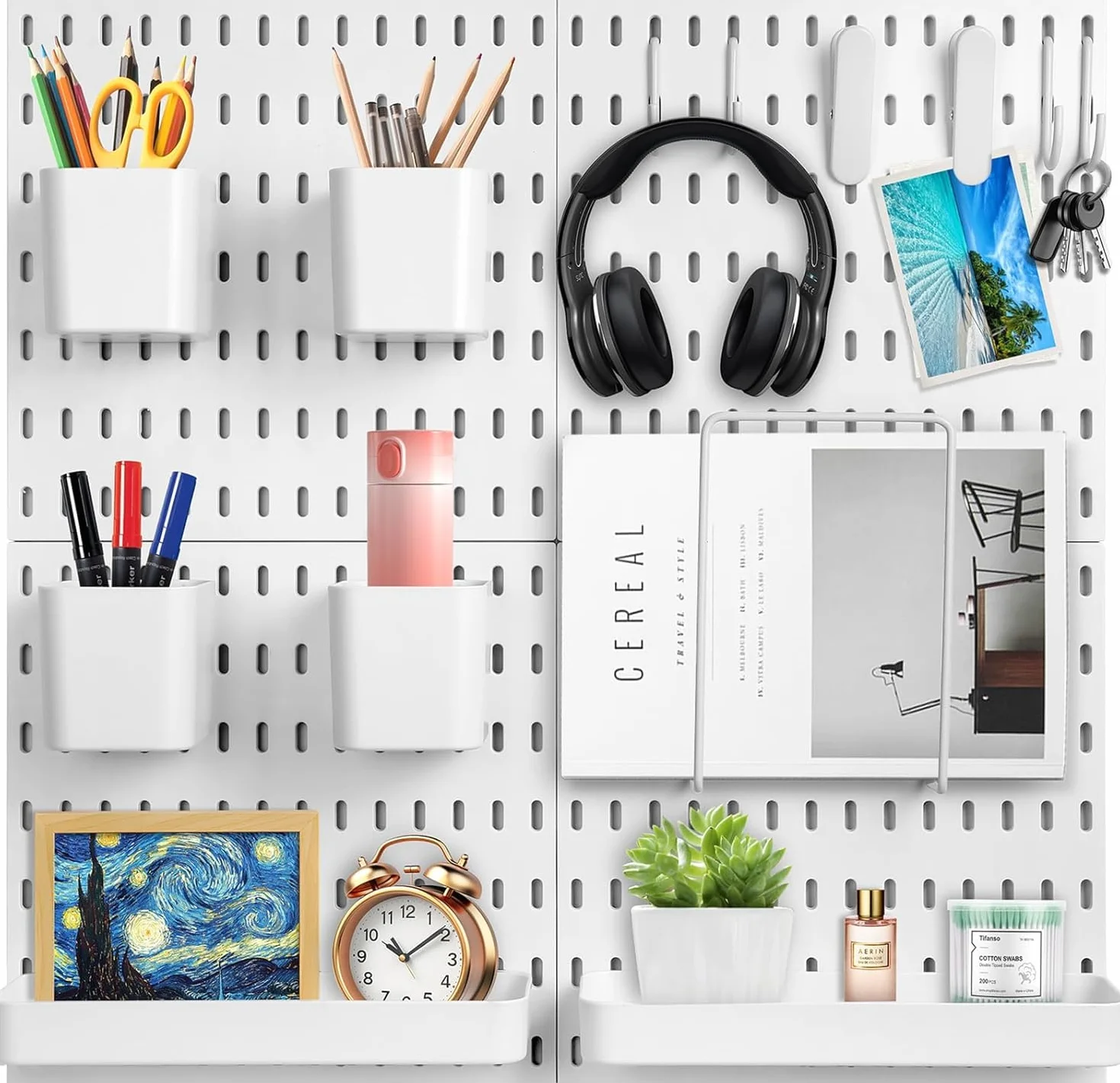 Kit de combinación de 4 piezas de tablero de clavijas, organizador de accesorios con contenedores, estantes y ganchos