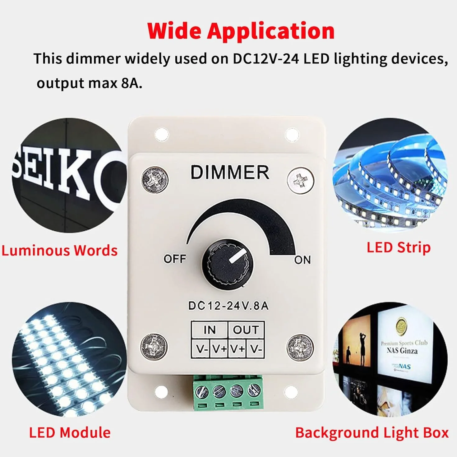 TECHZOCO Regulador de intensidad tira LED, regulador de voltaje con botón giratorio, controlador de atenuación PWM, adecuado para tira LED 5050 3528 | DC 12V-24V 8A