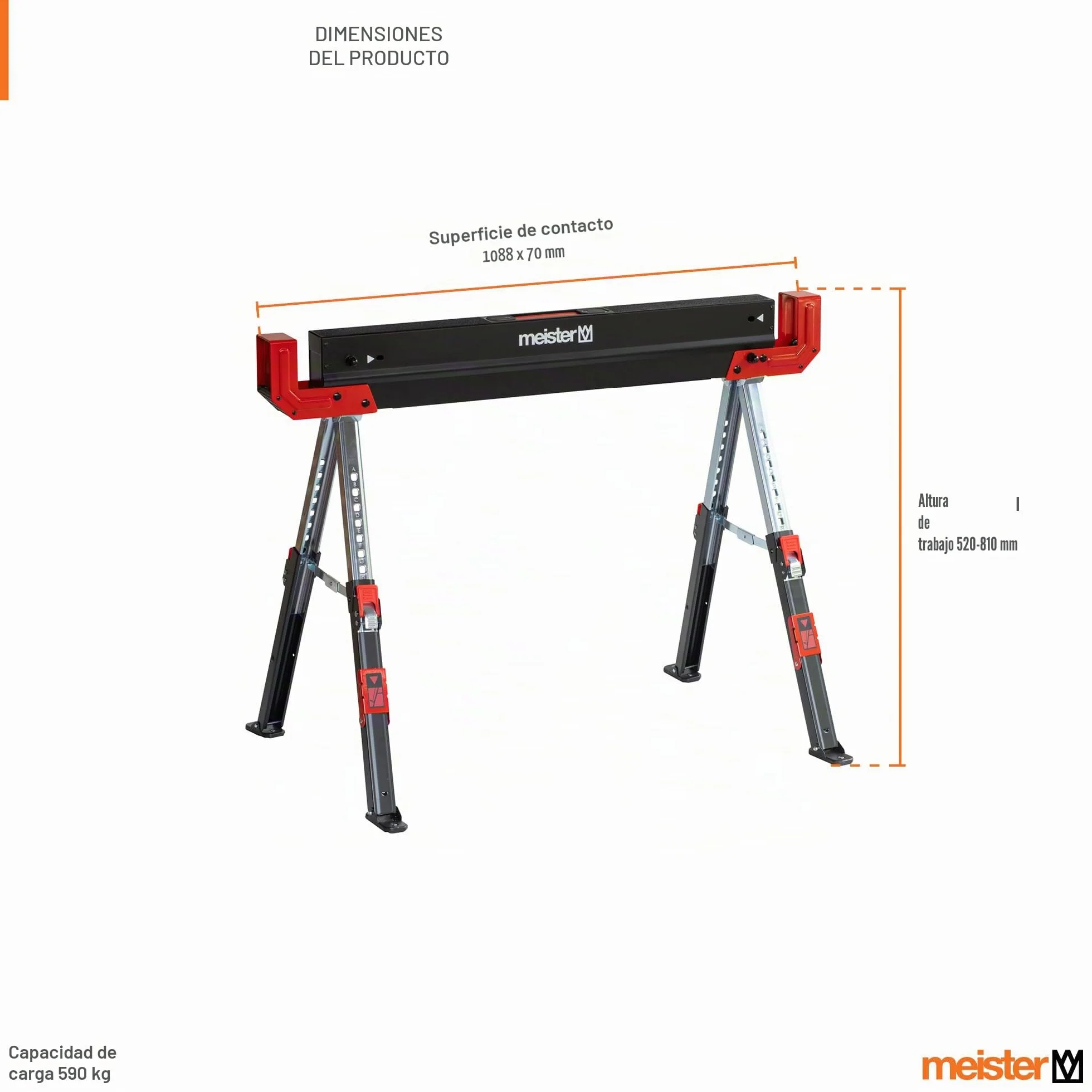 Meister 5258220 - Caballete plegable (300 kg, con asa, con superficie antideslizante, altura regulable de 52 a 81 cm, caballete con soporte antideslizante)