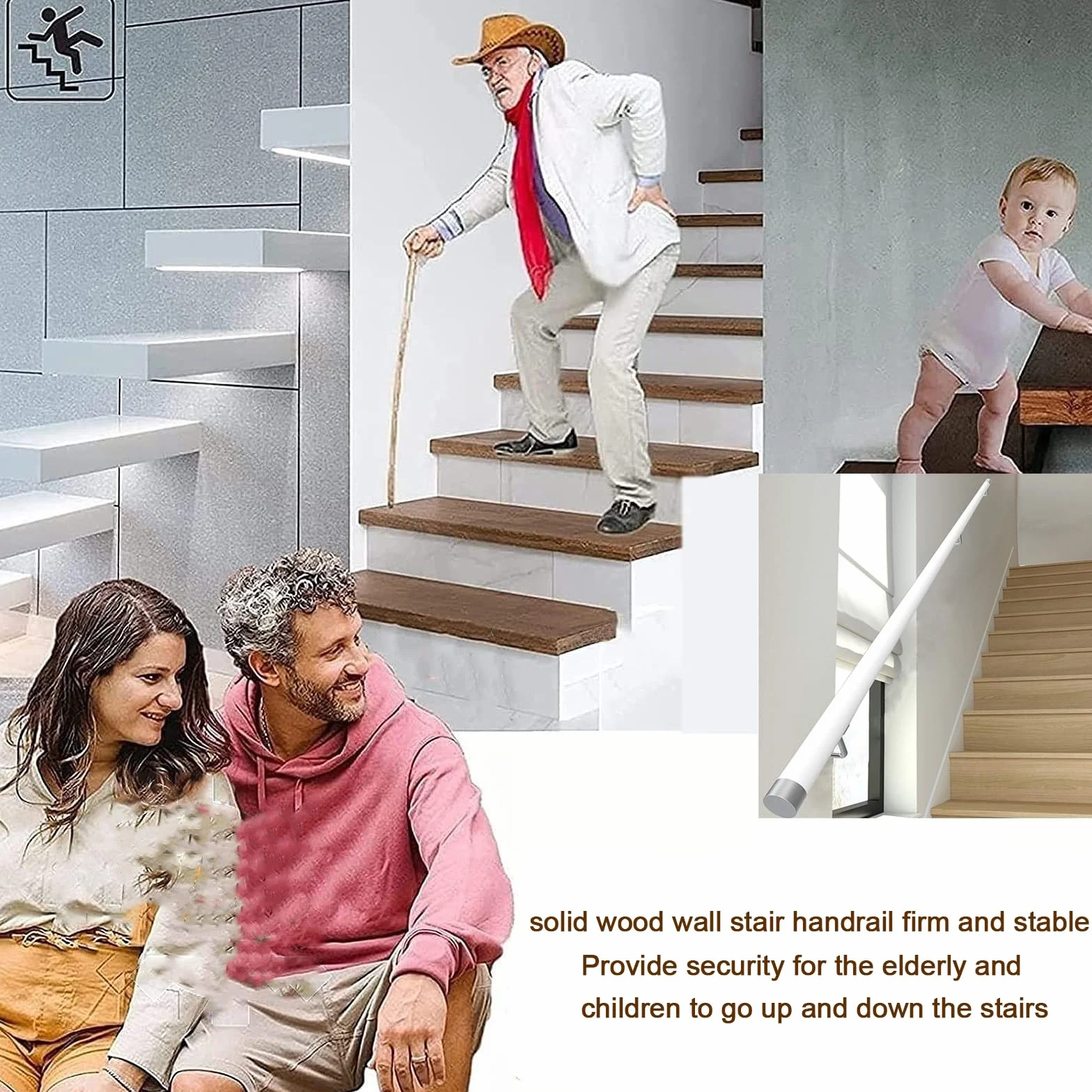 Pasamanos Escalera Madera, Barandilla de escalera antideslizante con soportes, Contra la Pared Kit de Barra de Agarre de Seguridad Para Ancianos y Niños, para Pasillo Villa Loft (Blanco, 250cm)