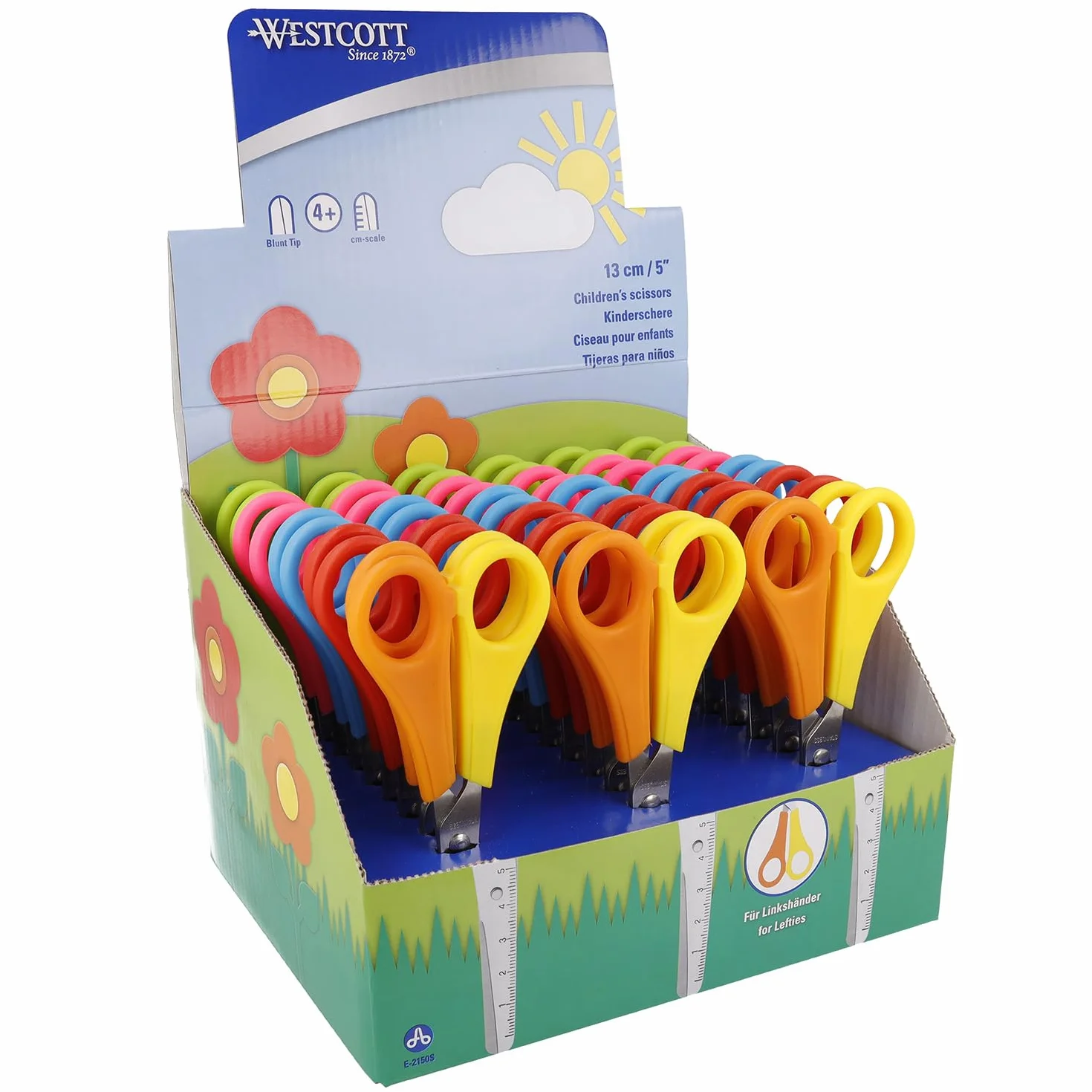 Westcott Tijeras para niños, 30 unidades en caja expositora | Tijeras con escala integrada de 5 cm | Tijeras para manualidades de 13 cm (5"), ideales para manos infantiles | Punta redondeada | E-2150S